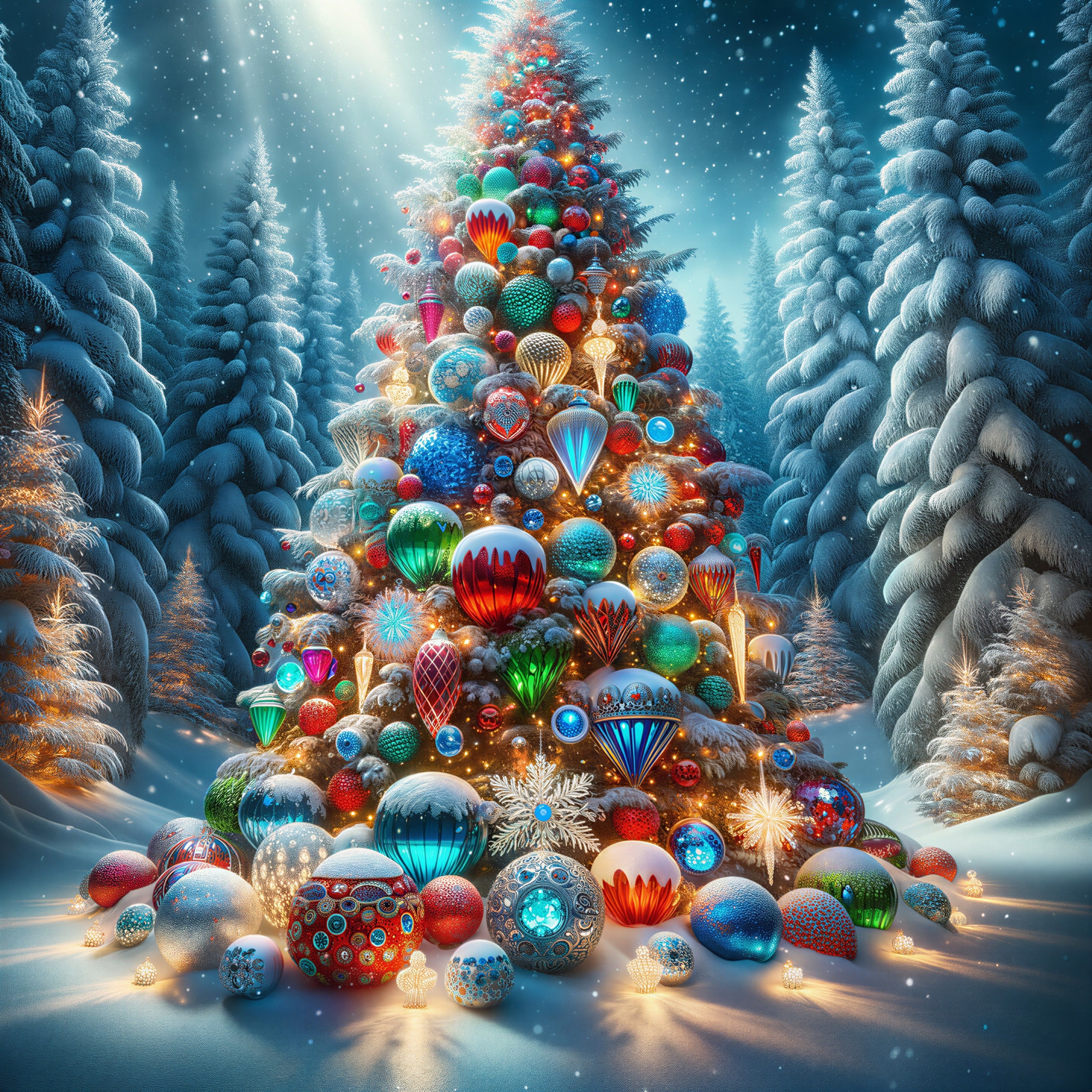 Winter Forest Scene with Decorated Christmas Tree