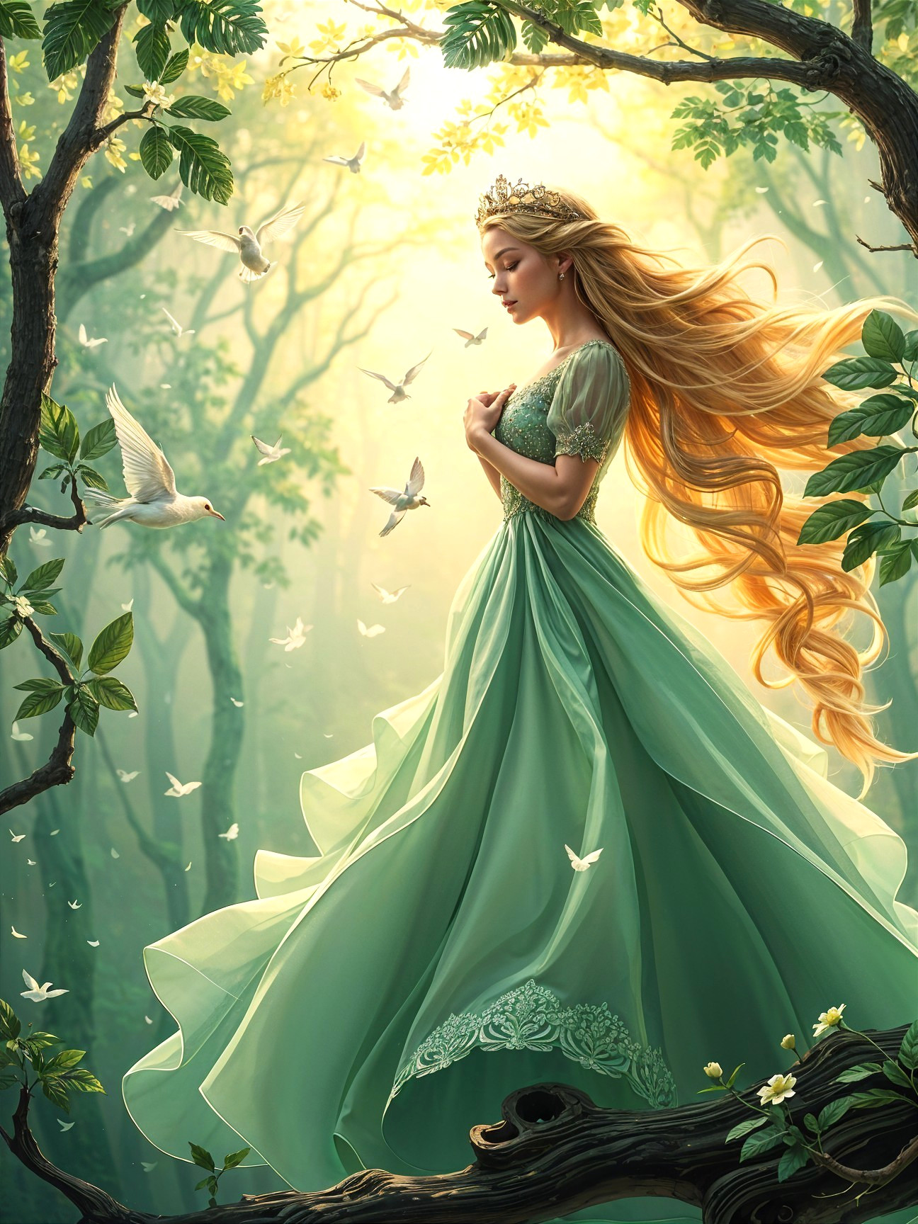 Young Woman in Green Gown in Sunlit Forest Setting