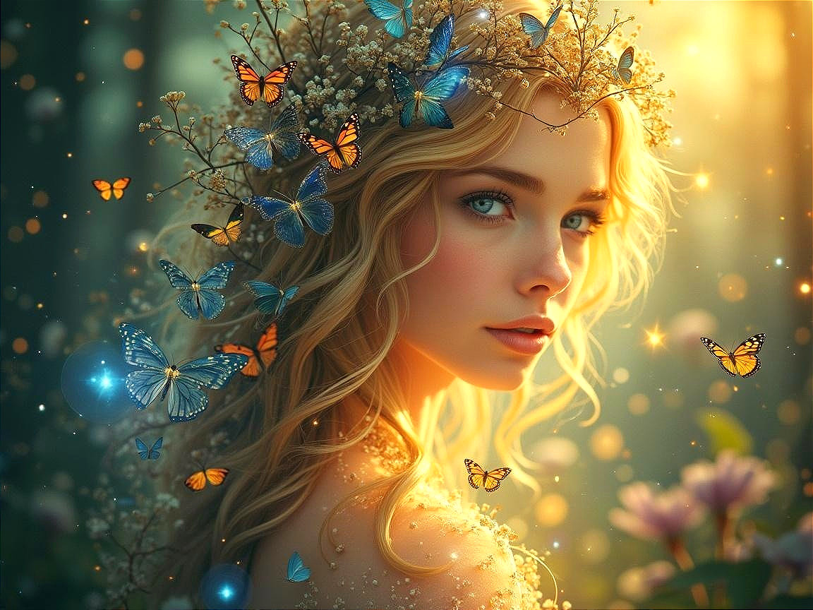 Serene Portrait of a Woman with Butterflies and Flowers