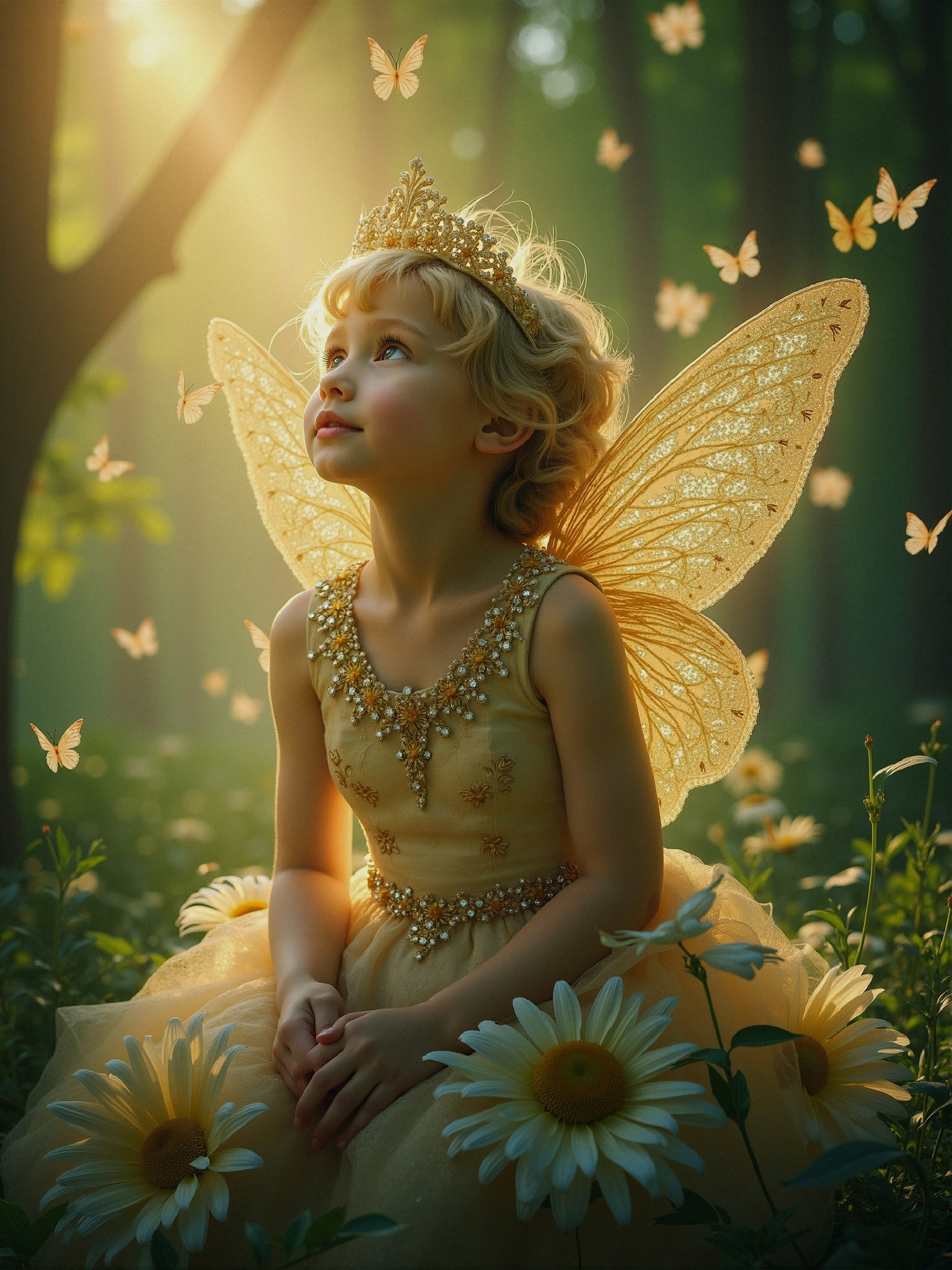 Young girl in yellow dress with fairy wings in forest
