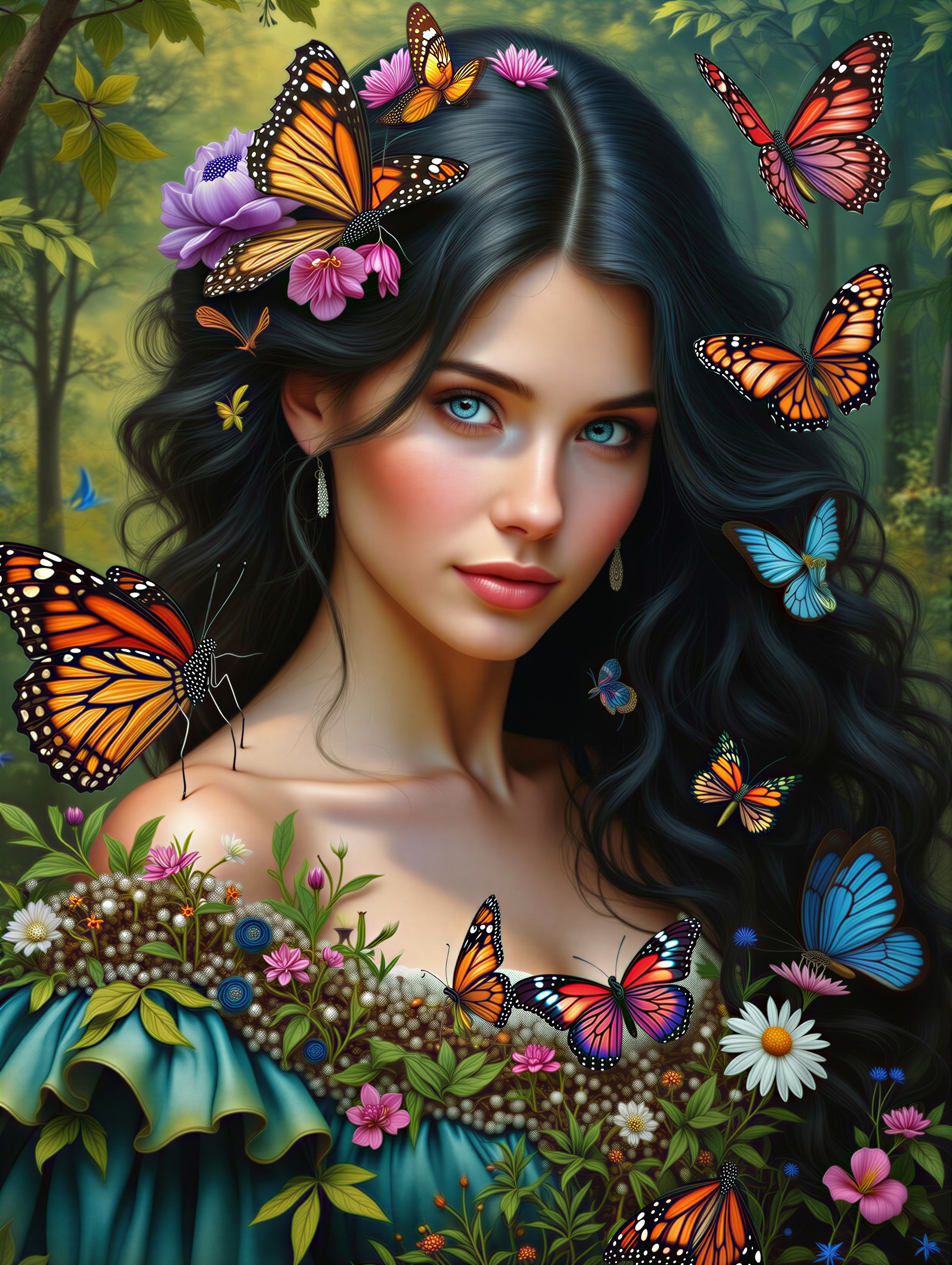 Young Woman Surrounded by Butterflies and Wildflowers