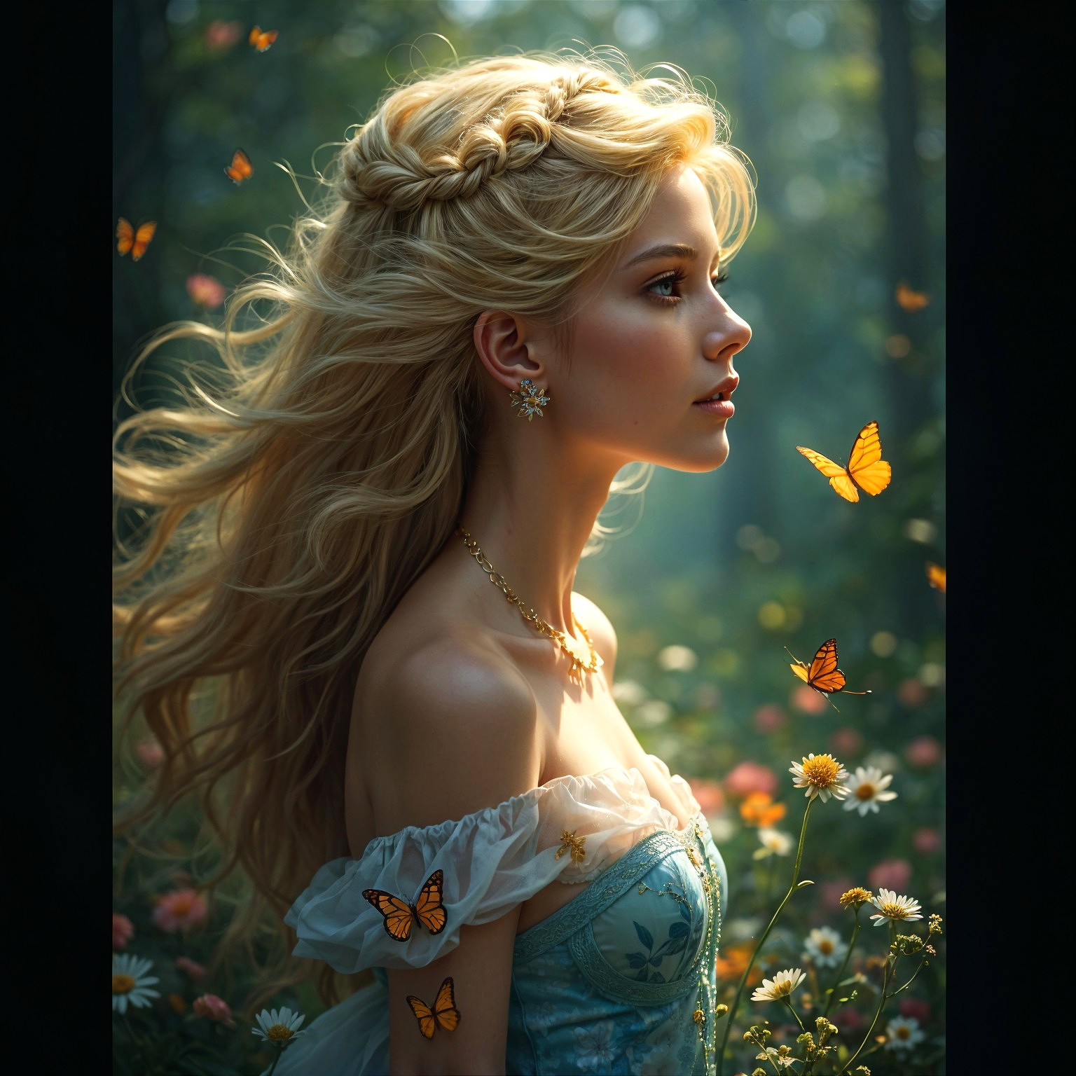 Young woman in blue dress in a daisy meadow