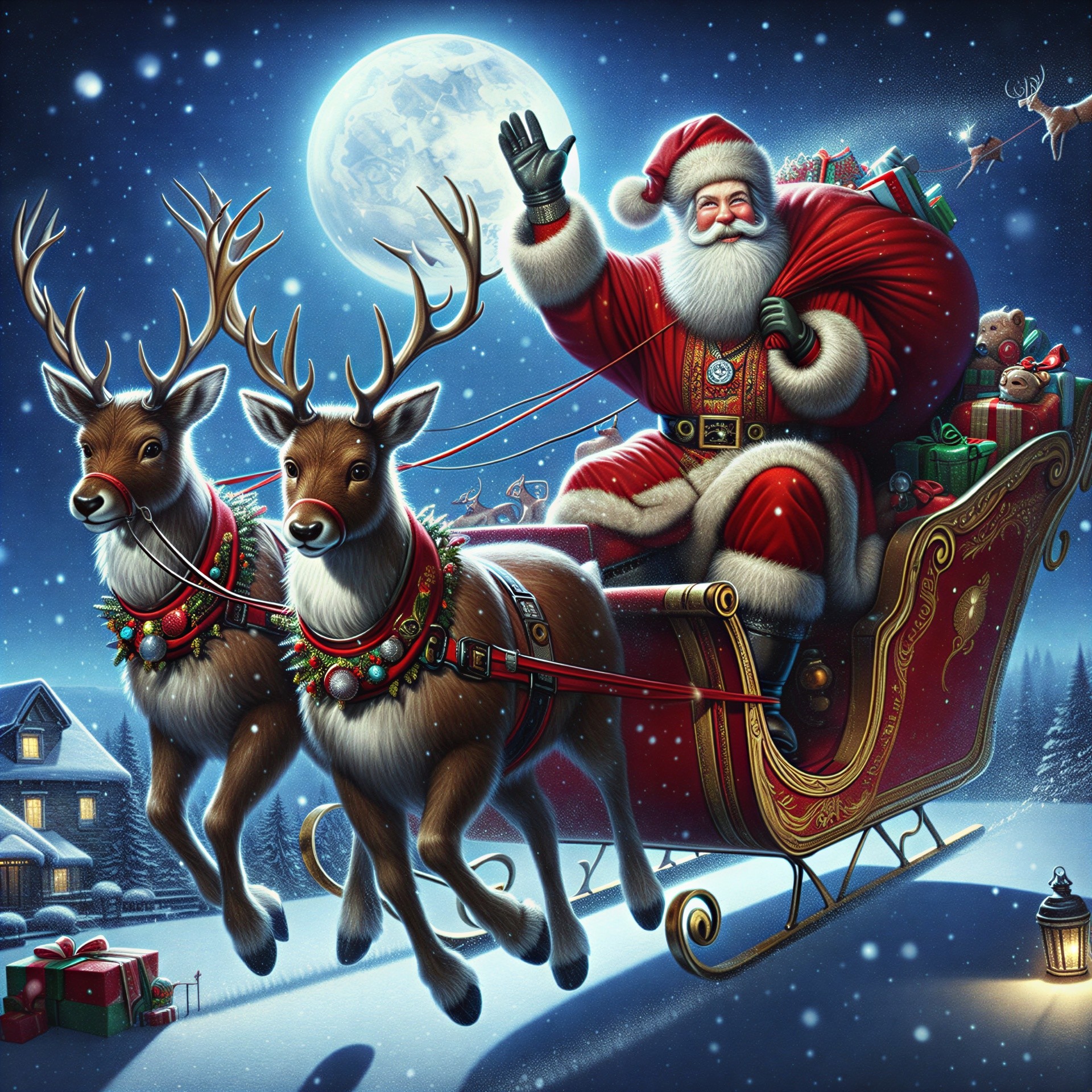 Santa Claus in a sleigh with reindeer in snowy landscape