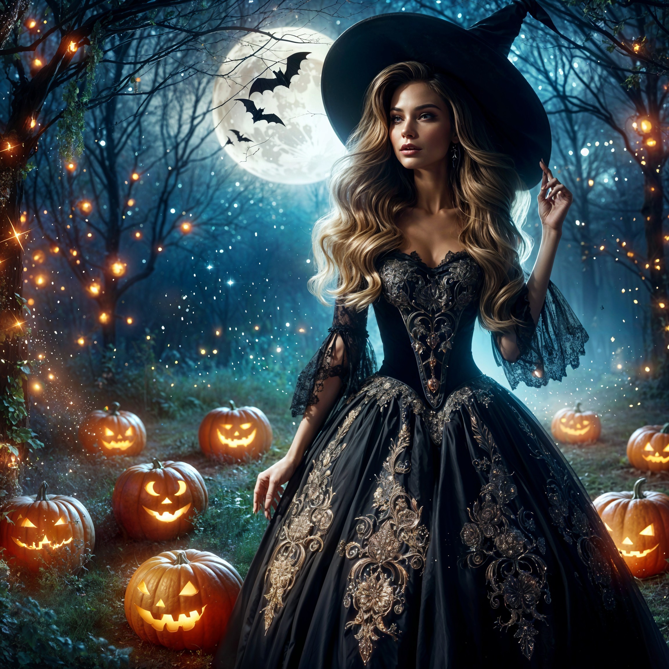 Witch in Enchanted Forest with Full Moon and Jack-o'-Lanterns