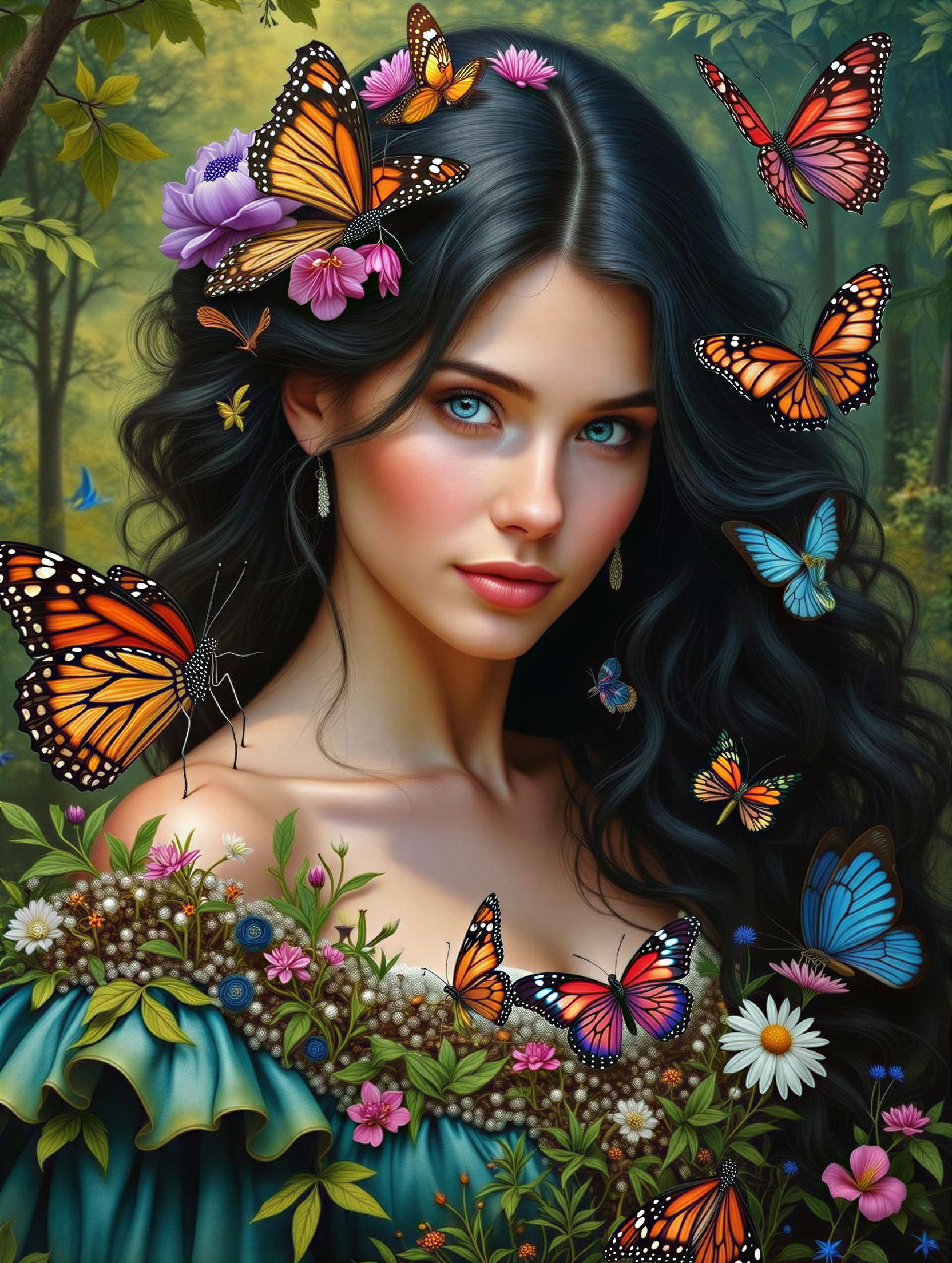 Young woman in teal dress with flowers and butterflies