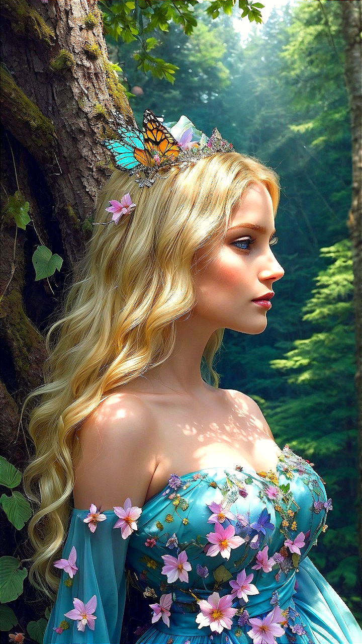 Serene figure in blue gown amid lush forest setting
