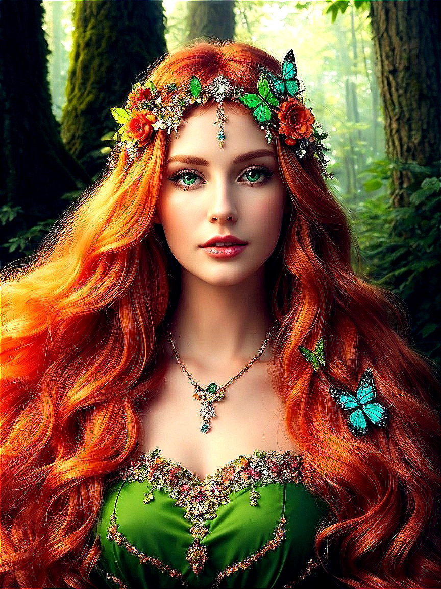 Young woman with orange hair and floral crown in green dress