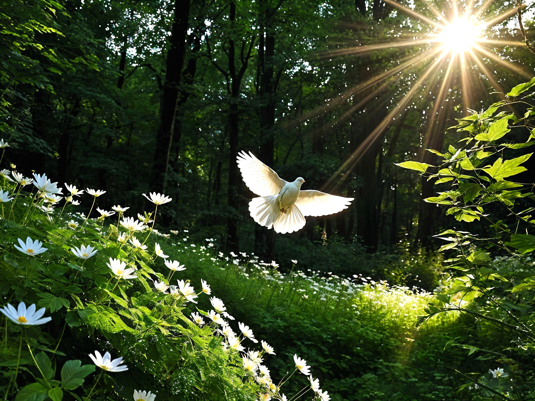 Serene forest scene with sunlight and blooming daisies