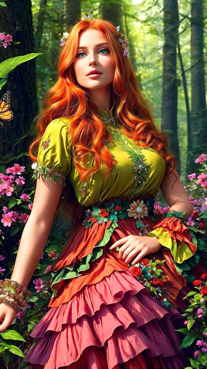 Young Woman in Colorful Dress in Enchanted Forest