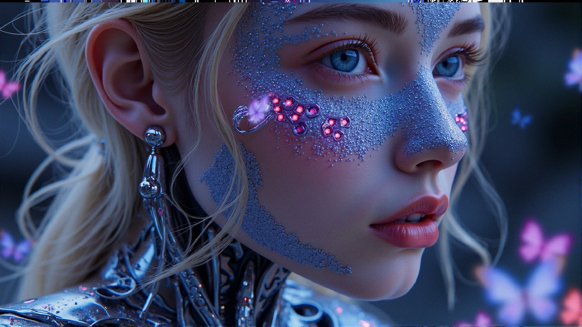 Close-up Portrait of a Young Woman with Glitter and Butterflies