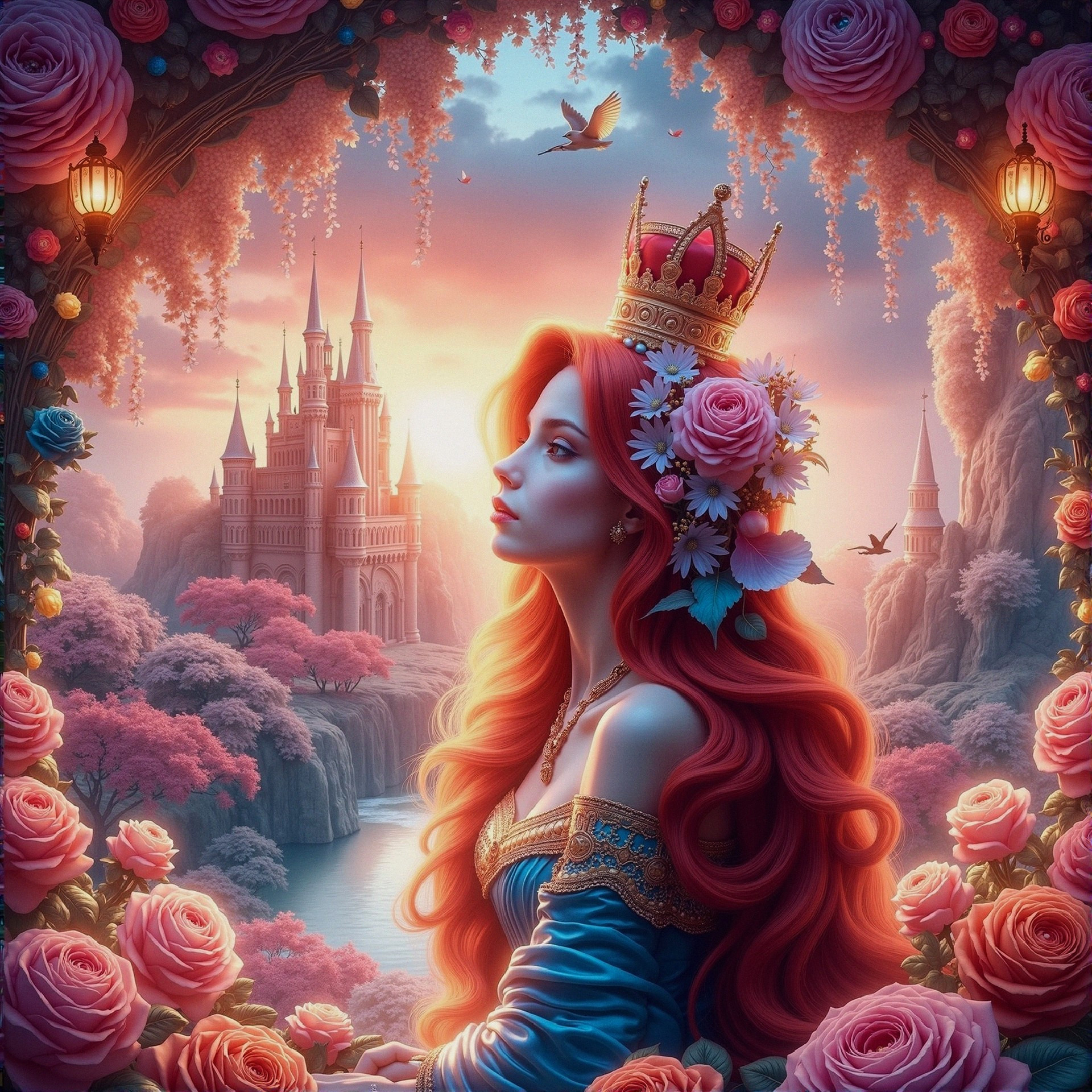 Regal princess in a dreamy landscape with a castle