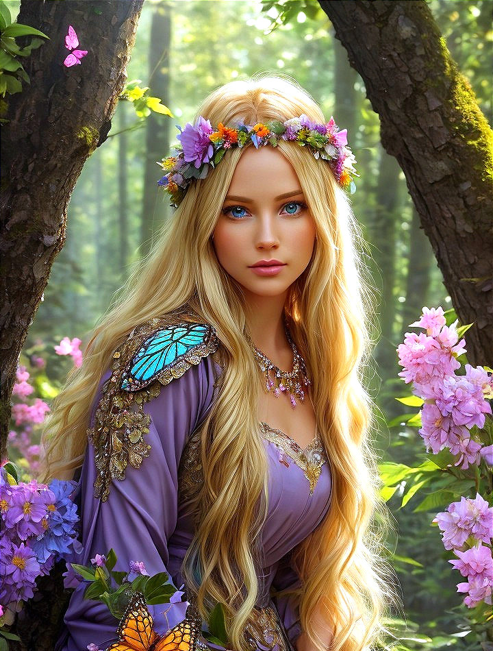 Serene Forest Scene with Young Woman in Purple Gown