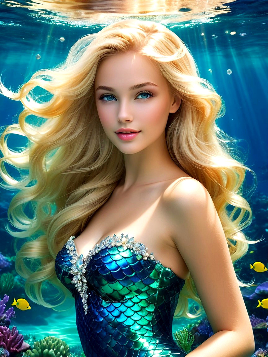 Mermaid in Vibrant Underwater Scene with Coral and Fish