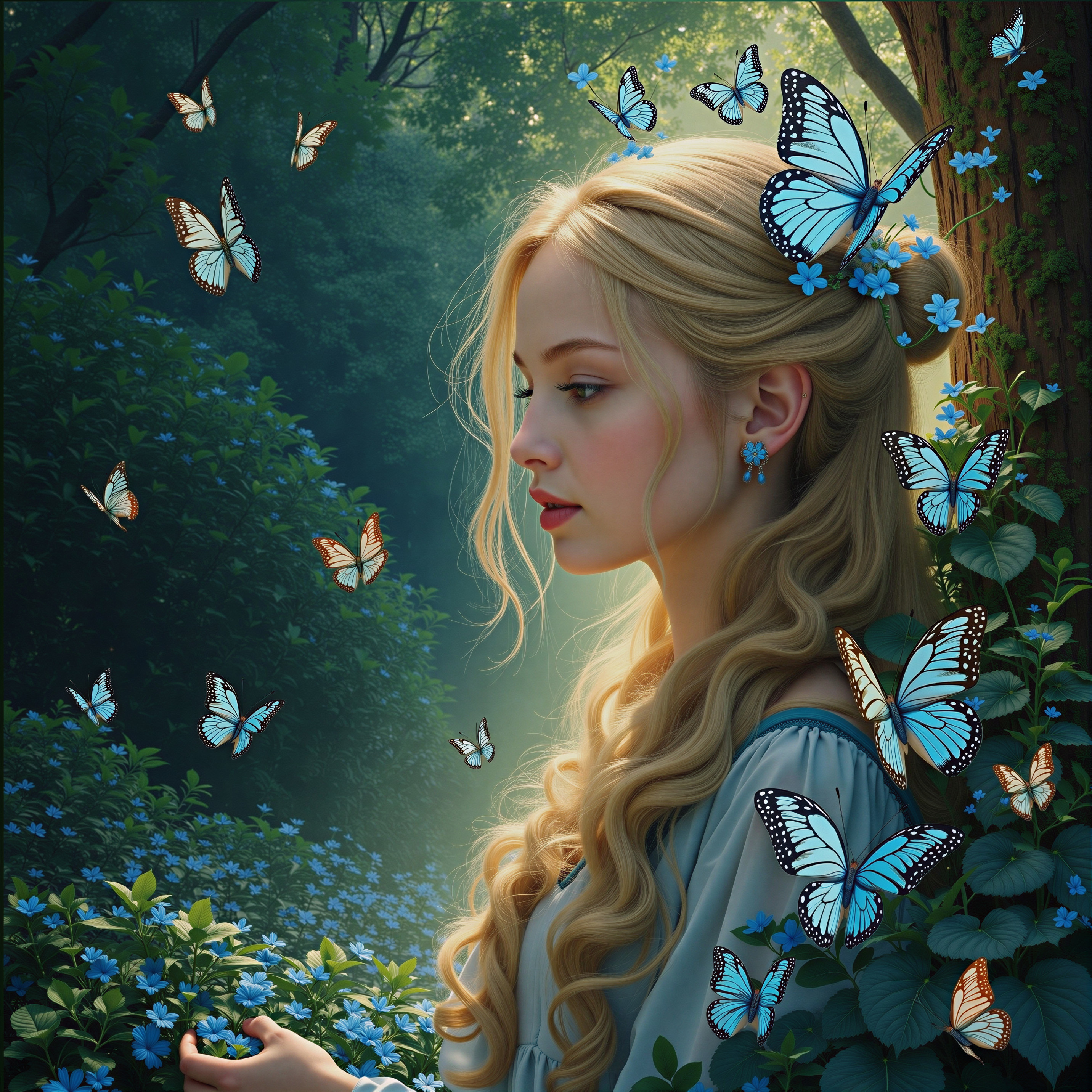 Young woman in forest with blue butterflies and flowers