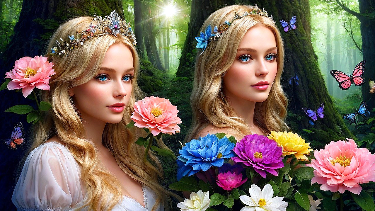 Young Woman in a Colorful Forest Setting with Butterflies