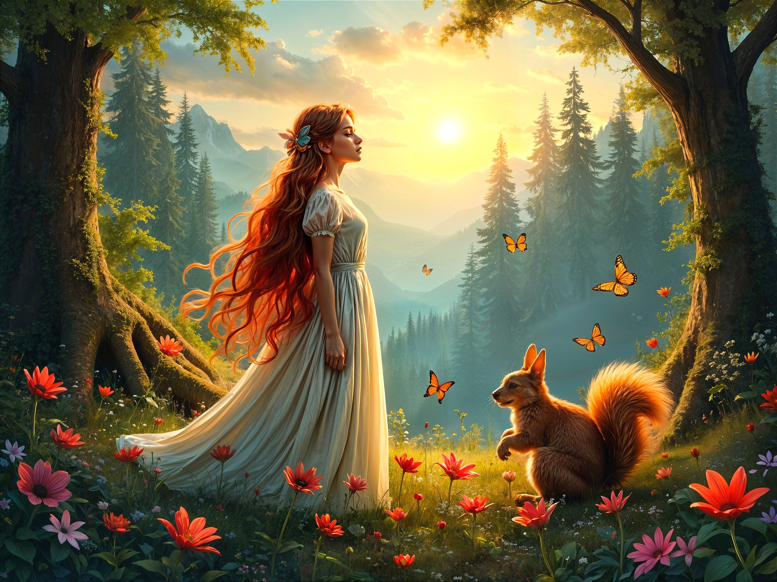 Young Woman in White Dress Surrounded by Nature's Beauty