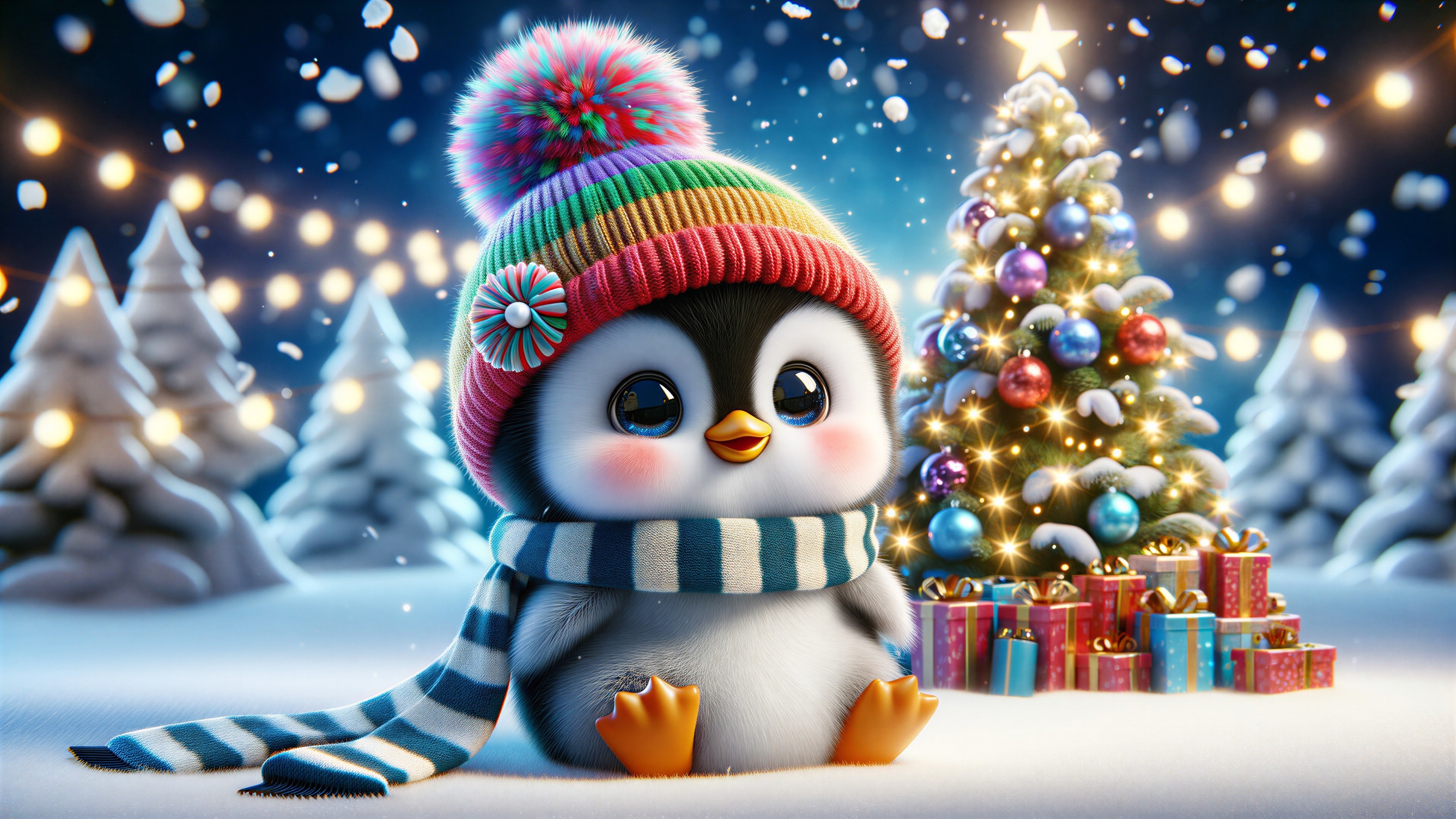 Baby penguin in winter attire with Christmas backdrop