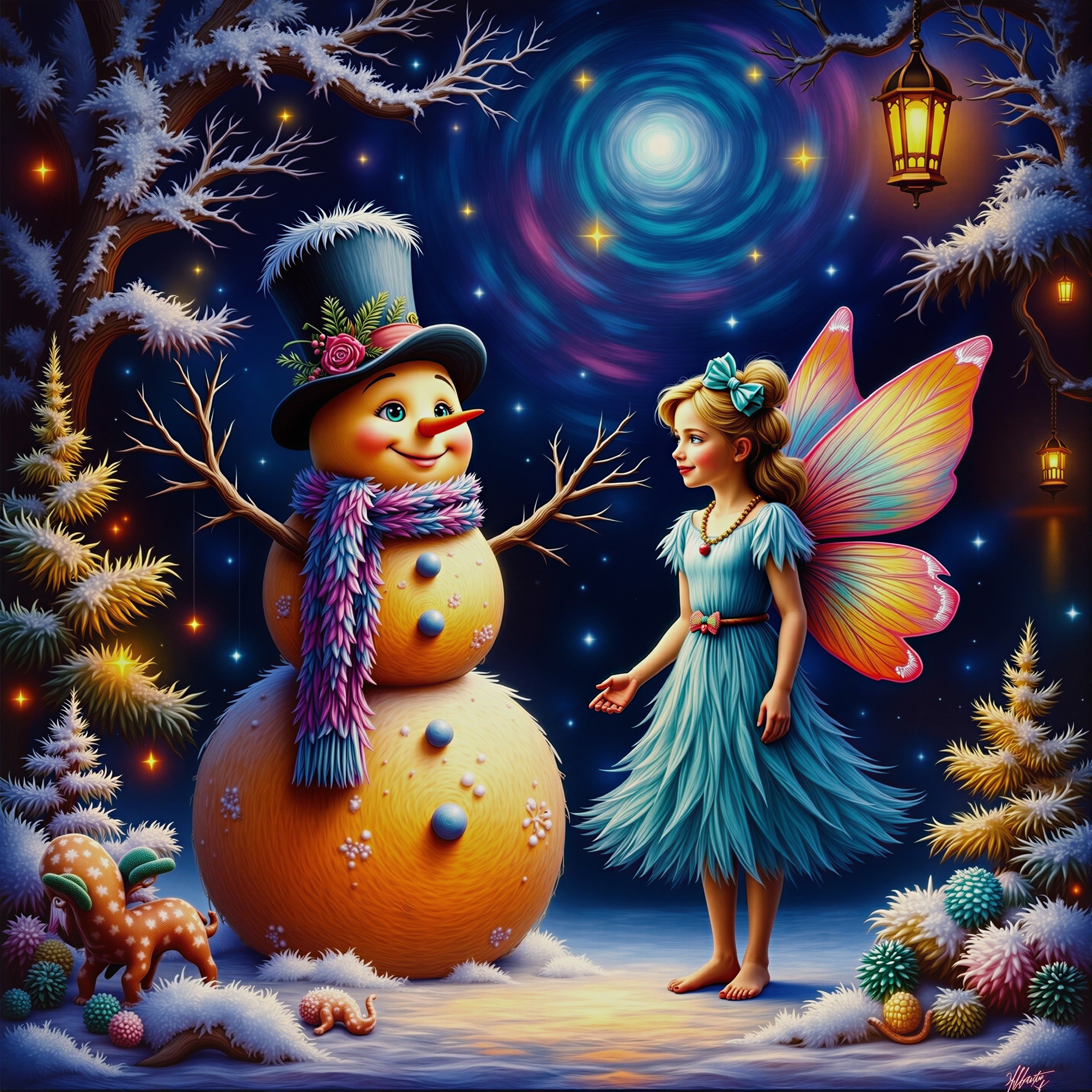 Whimsical Winter Scene with Snowman and Fairy