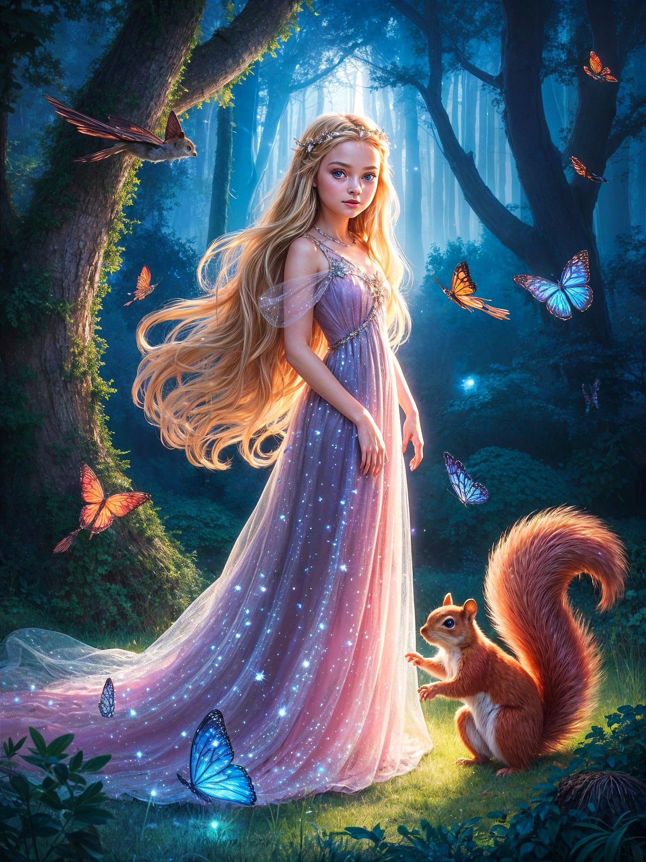 Magical forest scene with girl in purple gown and butterflies