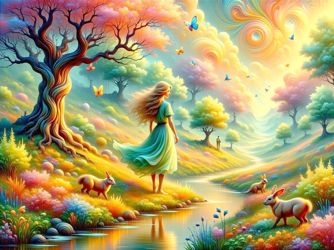 Dreamlike Landscape with Young Woman by Shimmering Stream