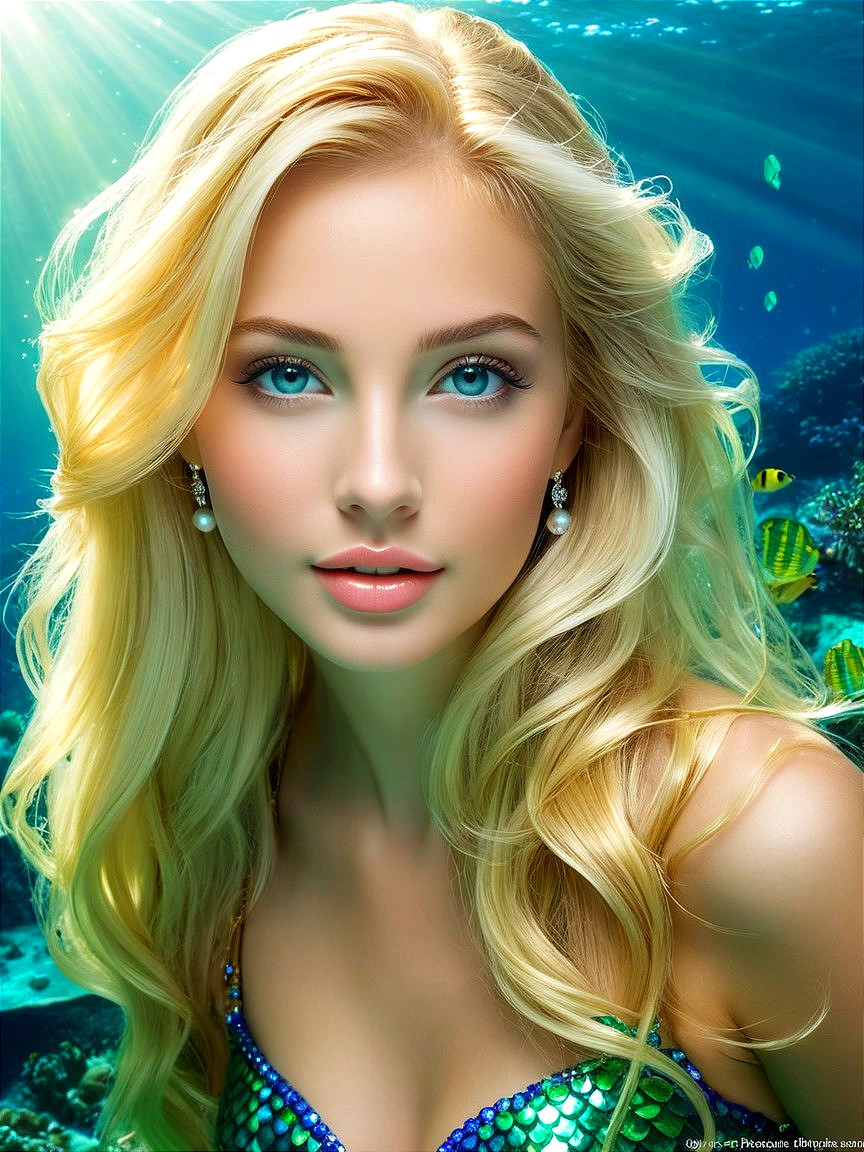 Underwater Scene with Young Woman and Colorful Fish