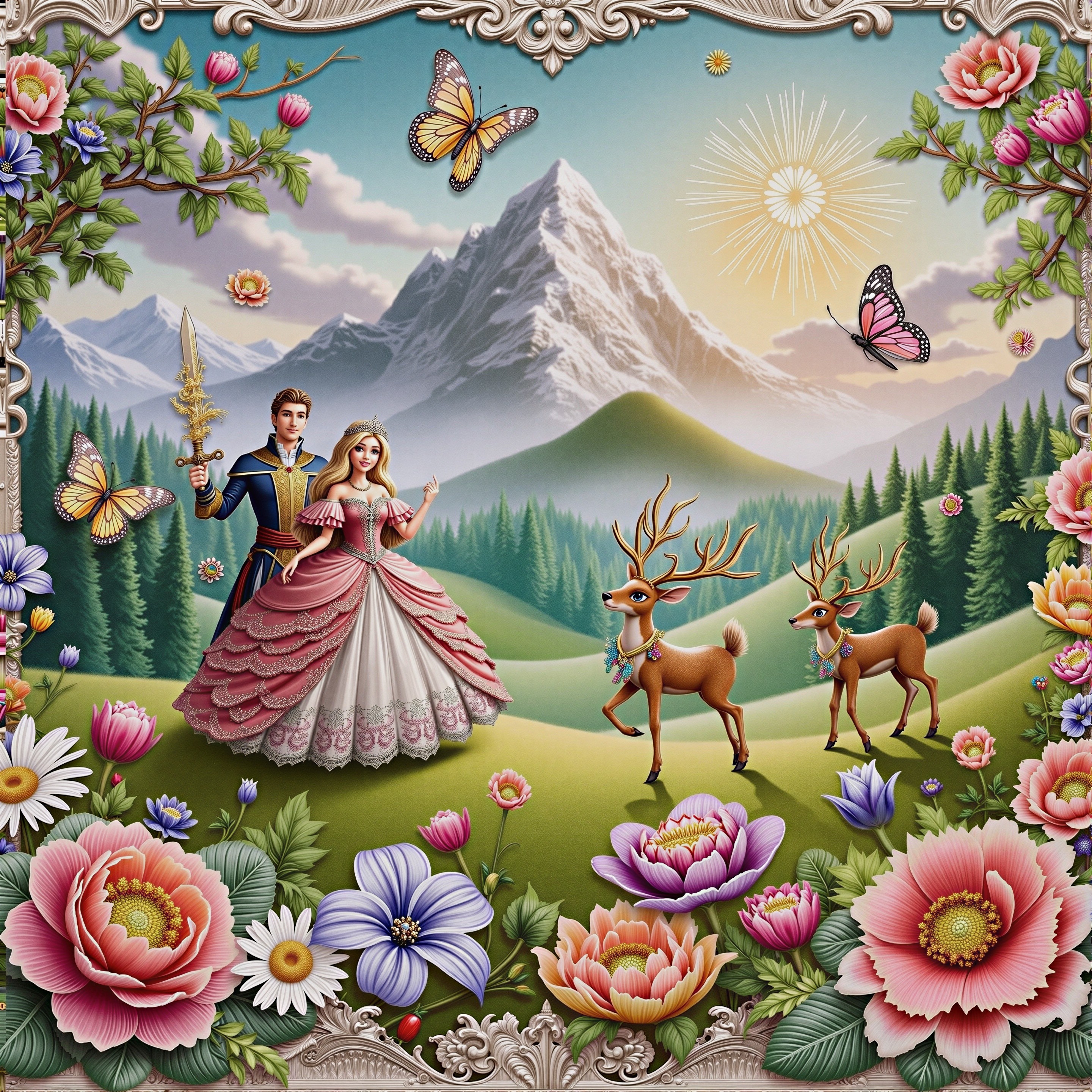 Fairy-Tale Landscape with Prince and Princess in Nature