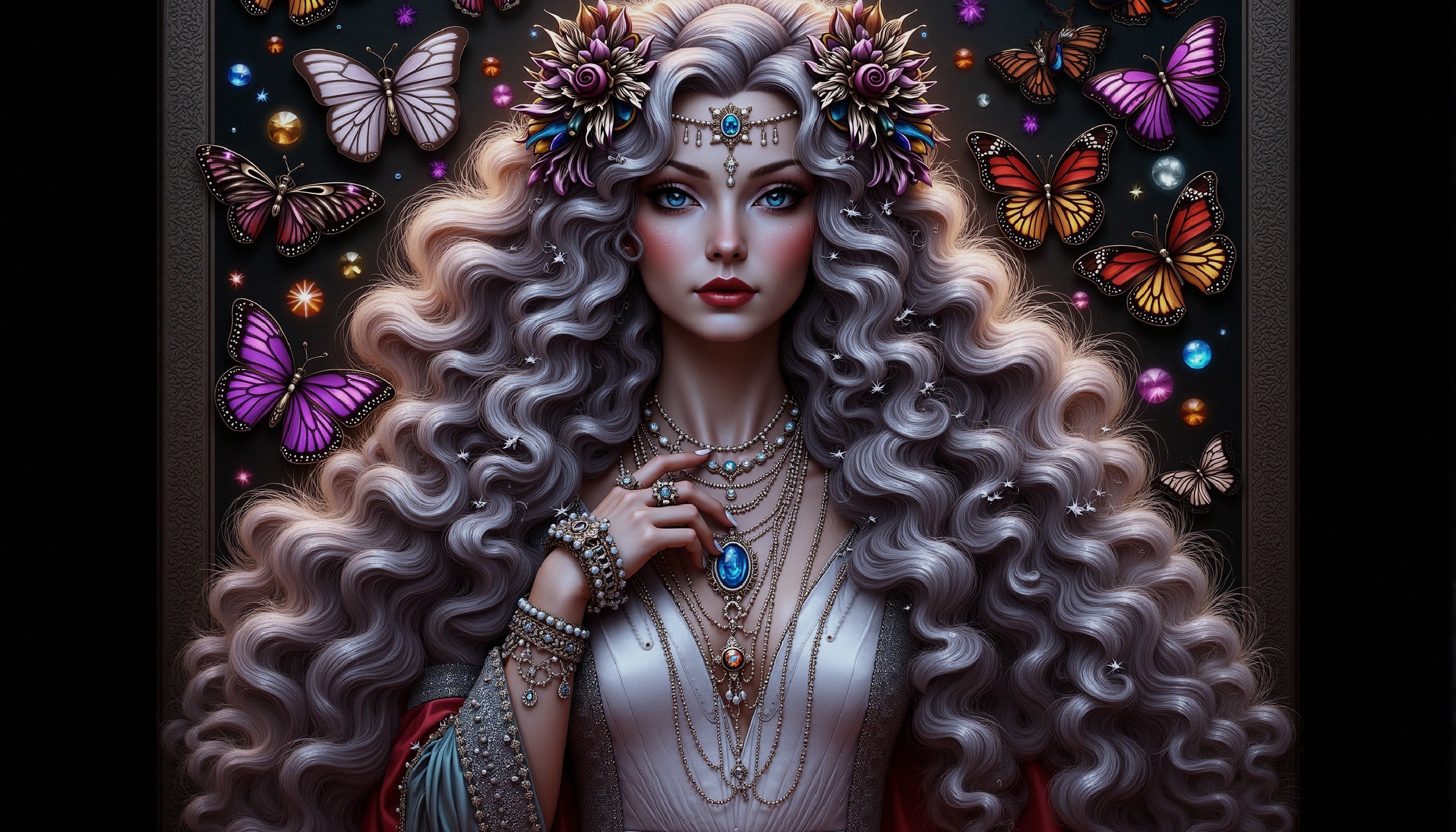 Portrait of a Woman with Silver Hair and Floral Accents