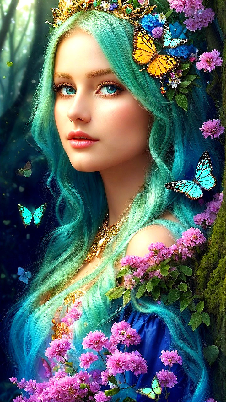 Young woman with teal hair in a vibrant forest setting