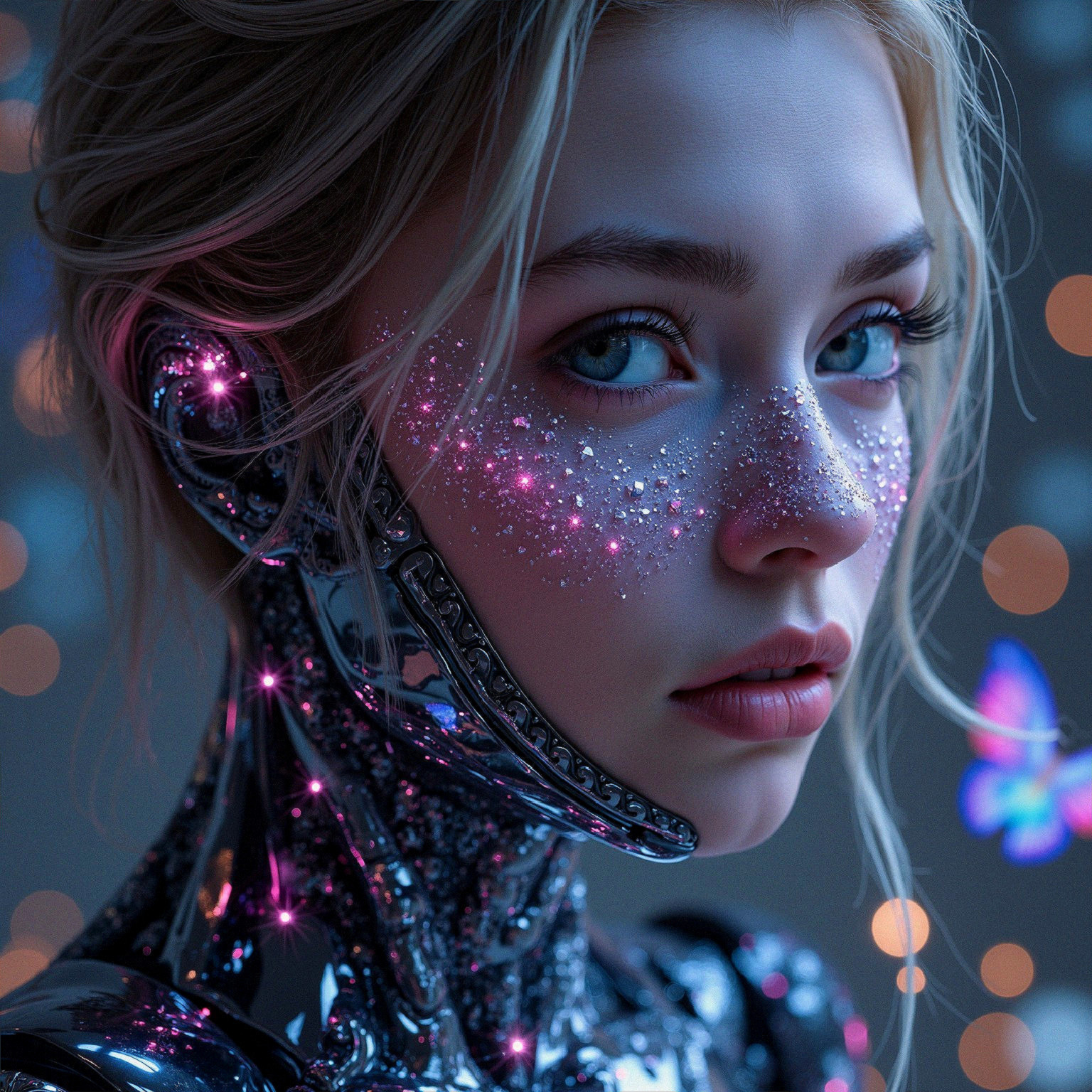 Futuristic humanoid robot with metallic structure and sparkles