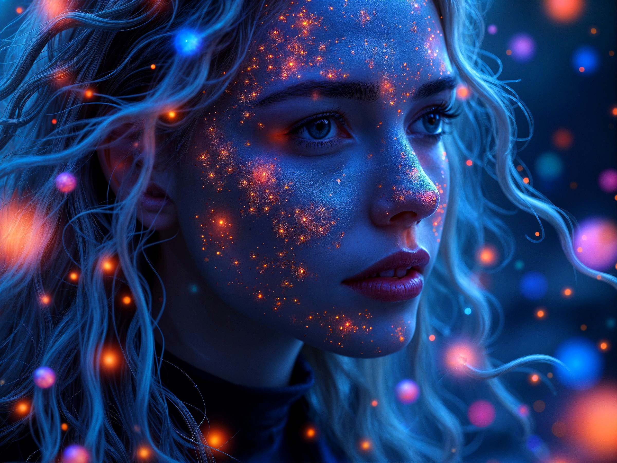 Close-Up Portrait of a Woman with Cosmic Glow
