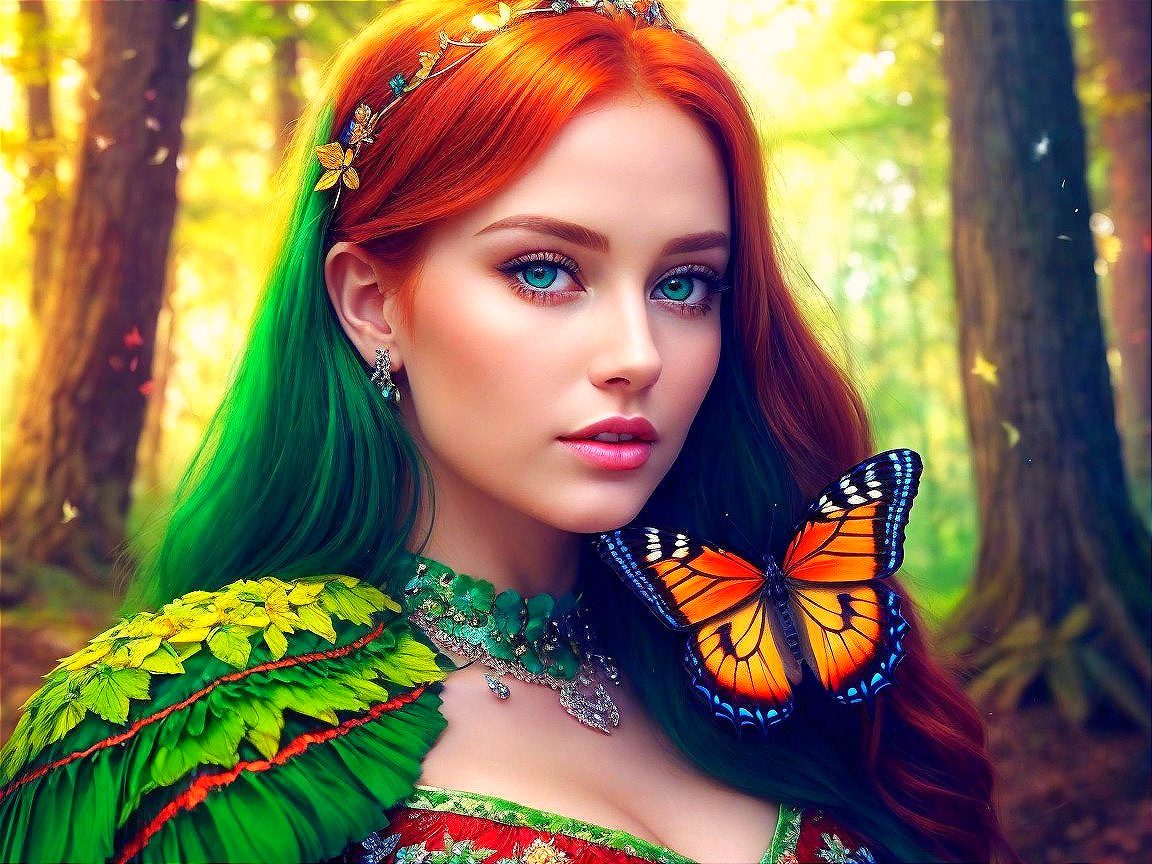 Fairy-tale scene with colorful-haired woman in forest