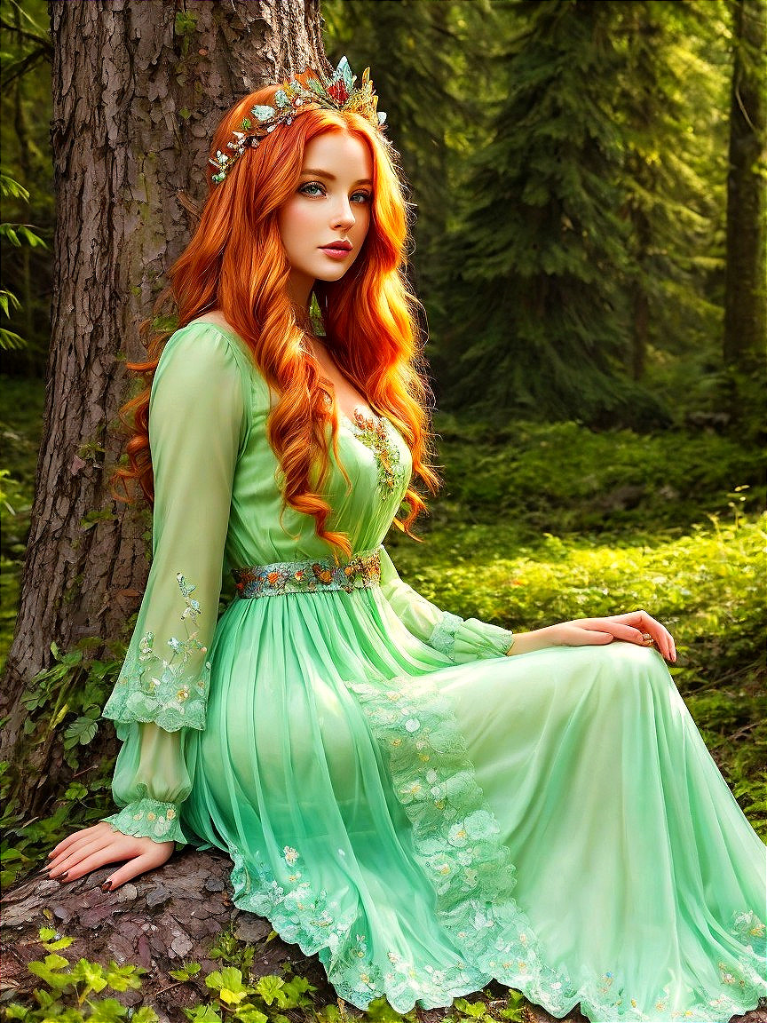 Young Woman in Green Gown in Lush Forest Setting