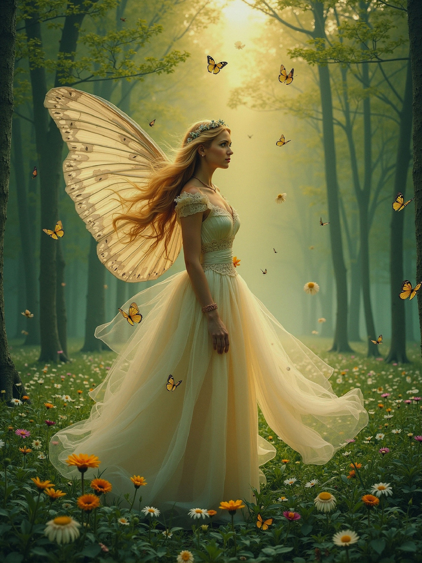 Fairy Figure in Enchanted Forest Surrounded by Flowers