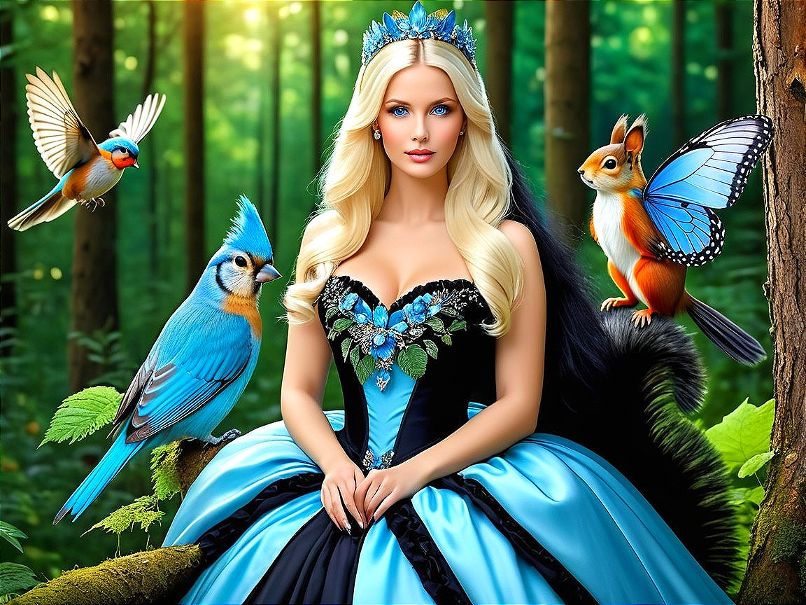 Royal blue gown in a forest with vibrant wildlife