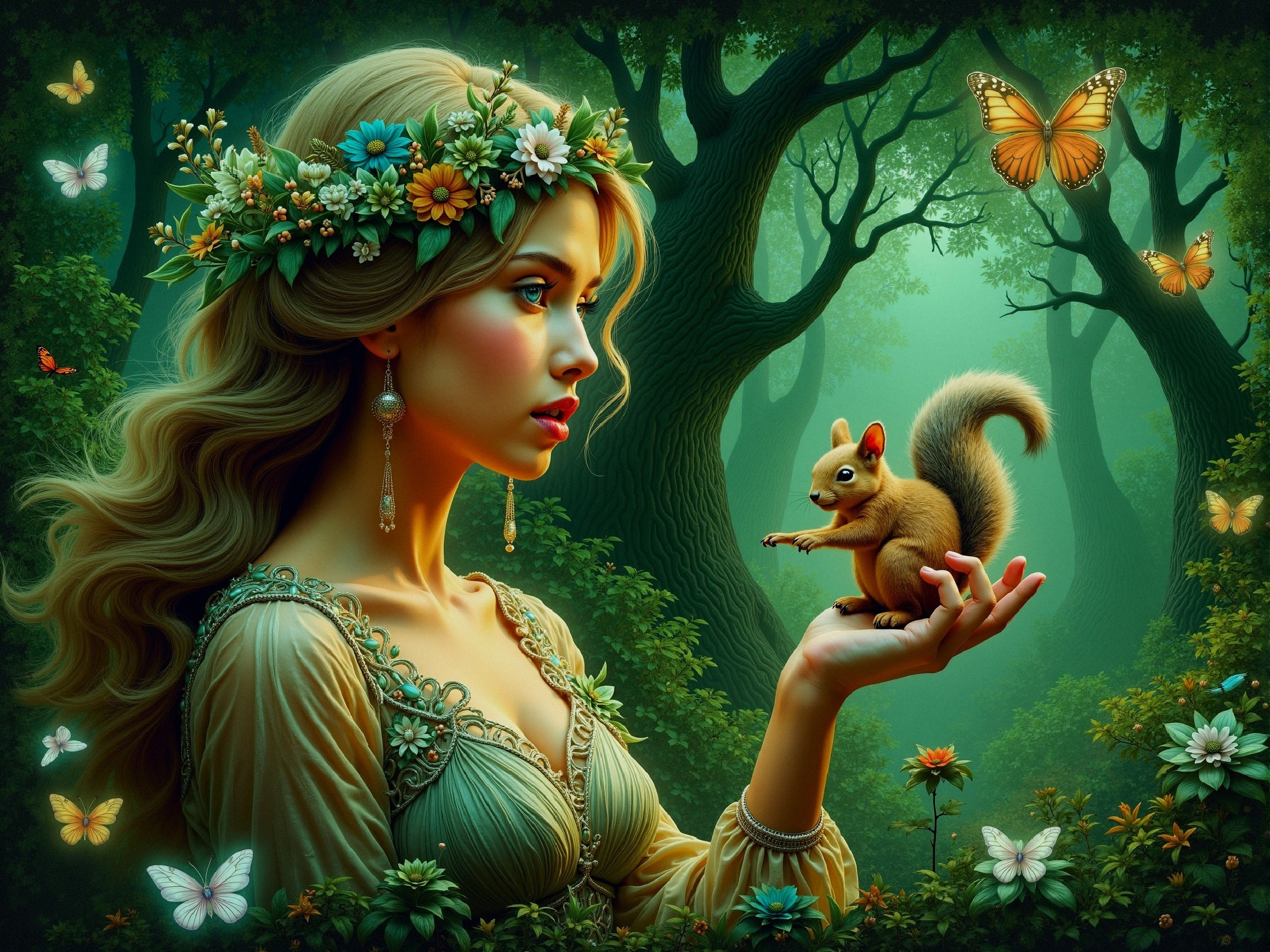 Young woman in mystical forest with squirrel and butterflies
