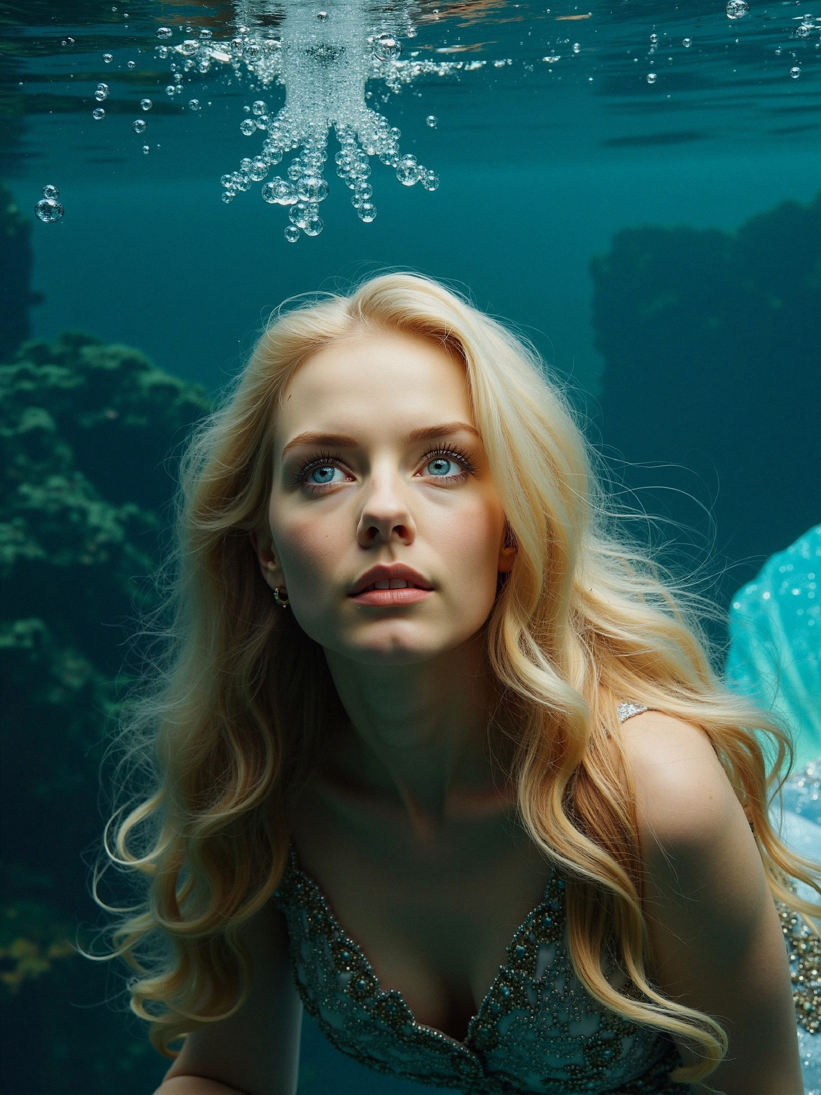 Young woman underwater with flowing blonde hair and blue eyes
