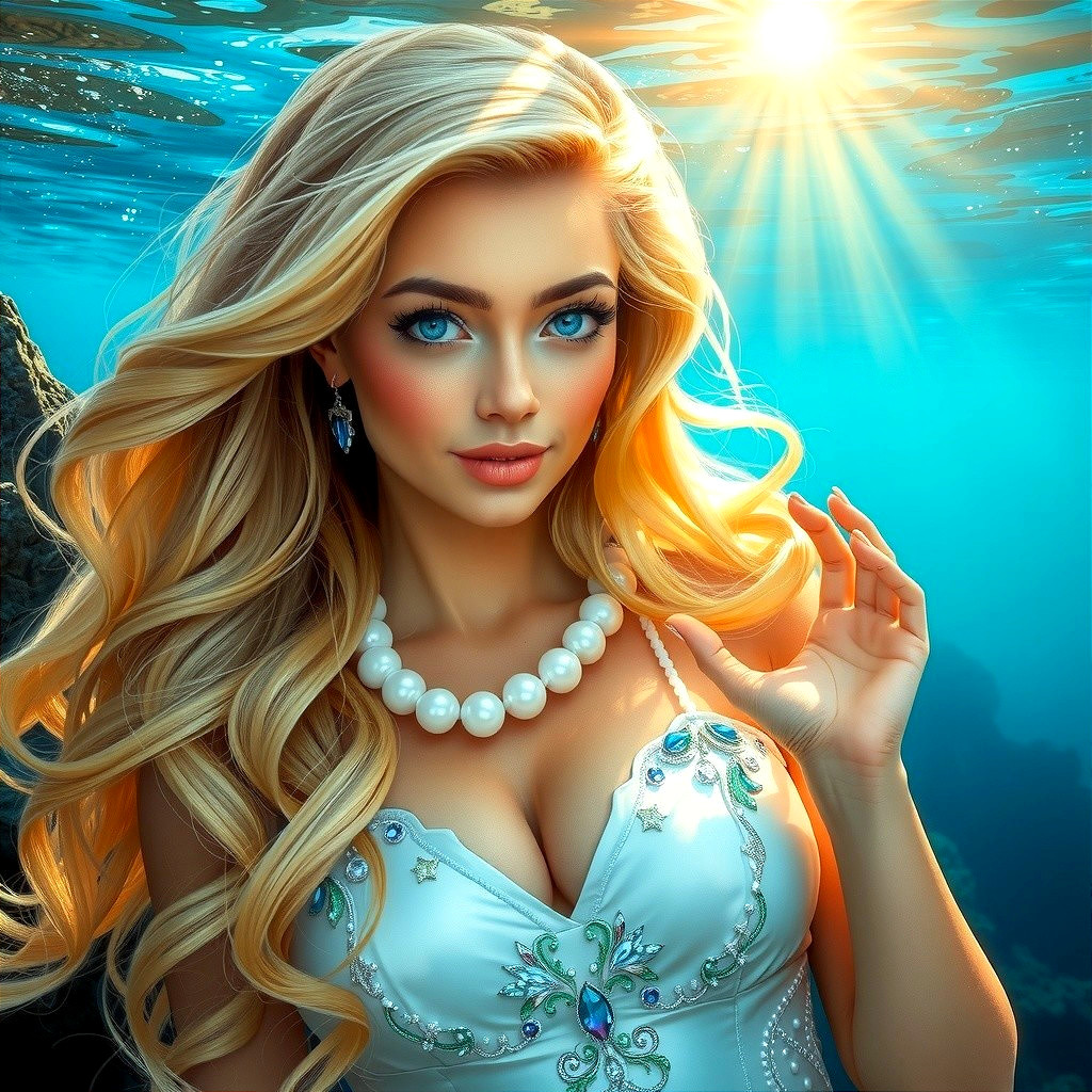 Underwater Scene with Woman in Elegant White Dress