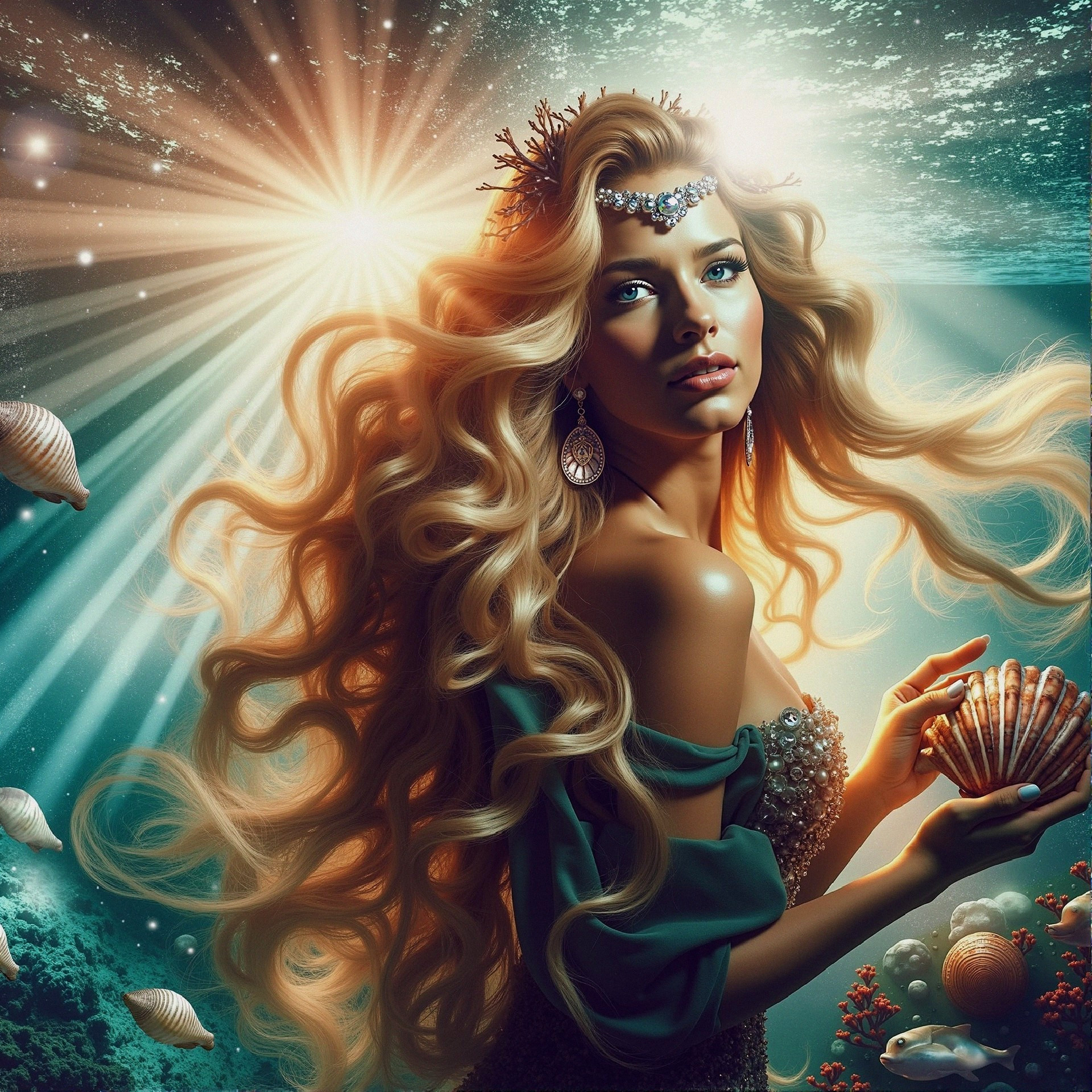Underwater Scene with Woman and Sea Accessories