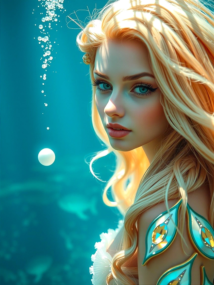 Underwater Scene with a Young Woman and Bubbles