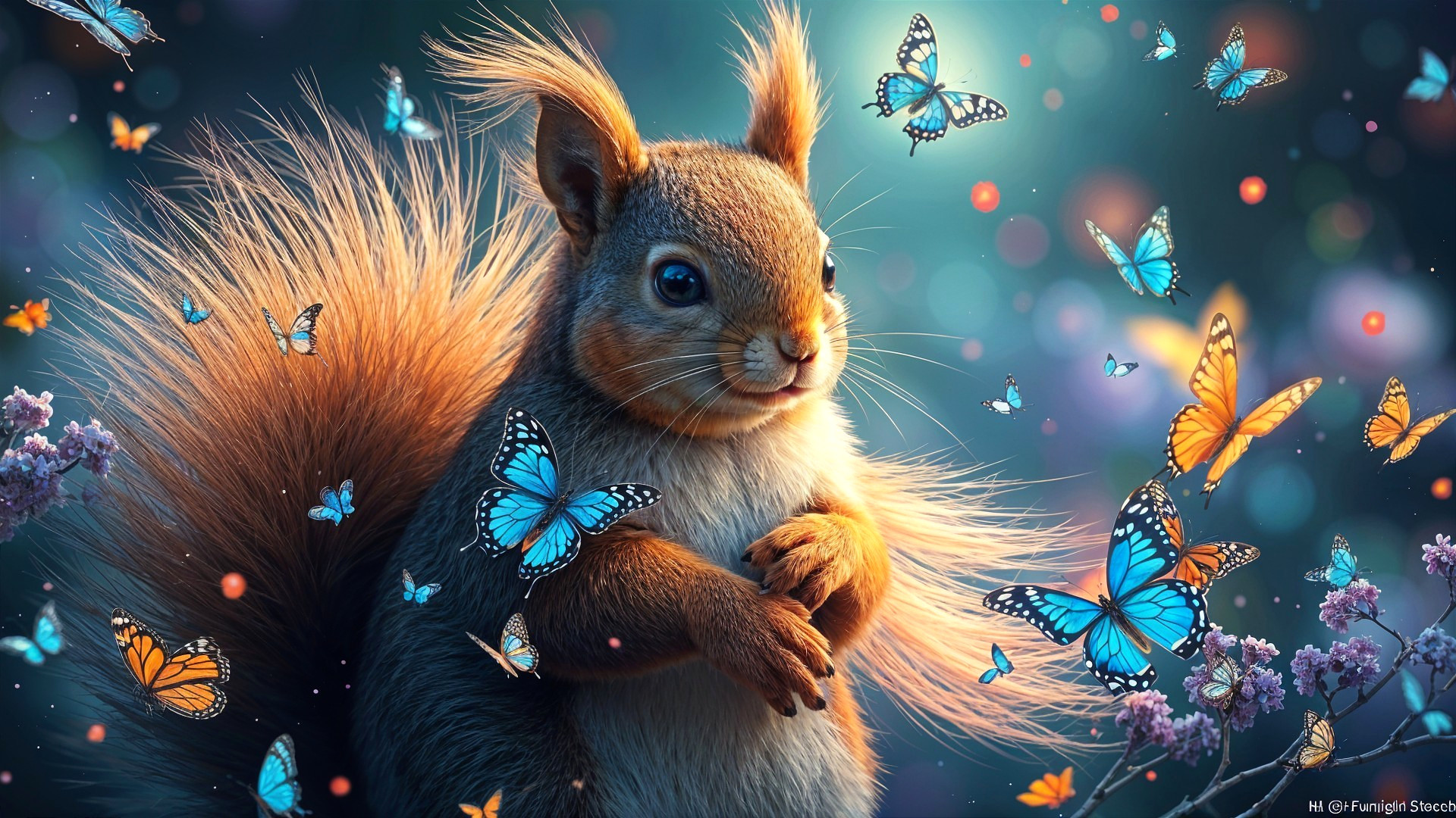 Squirrel Surrounded by Butterflies in Vibrant Landscape