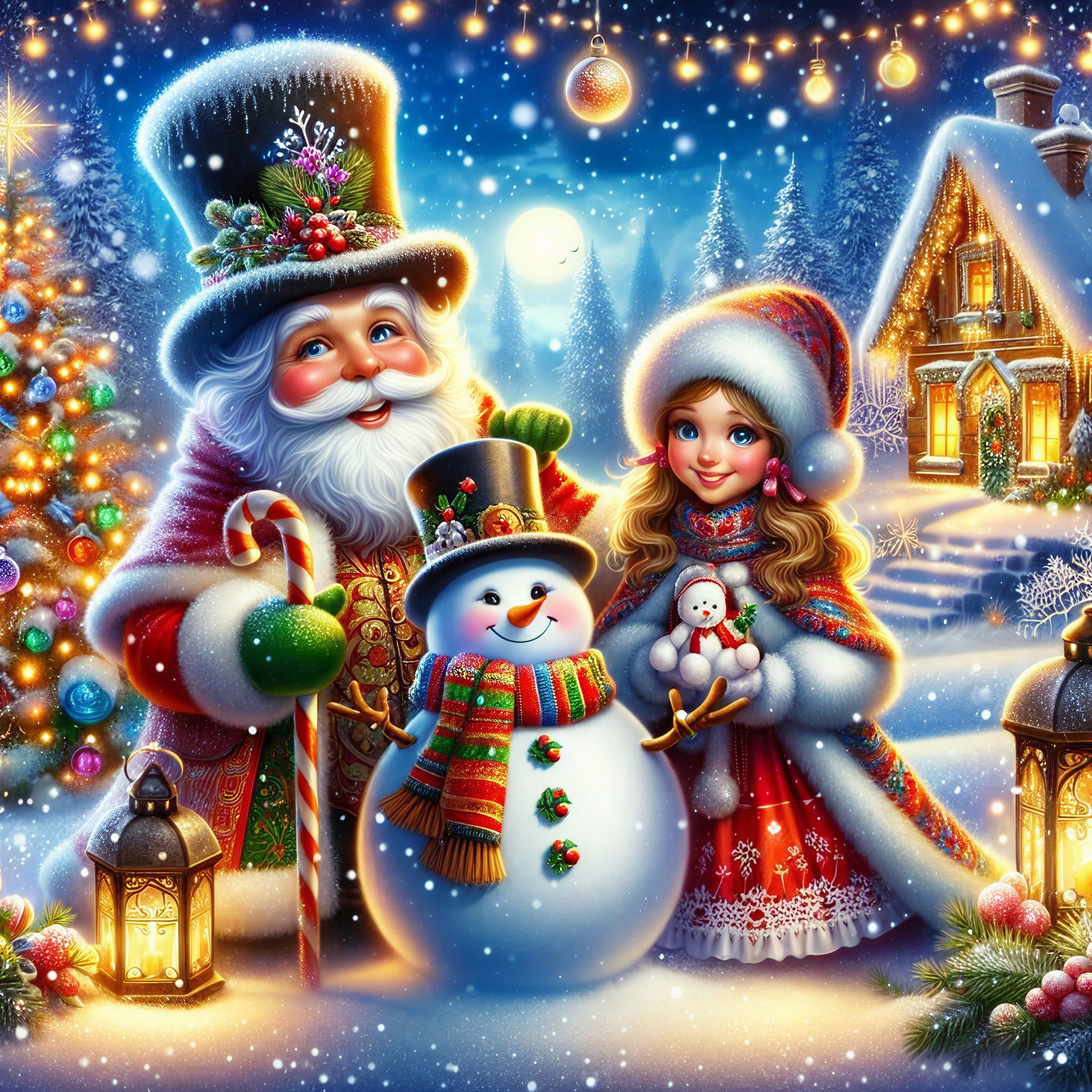 Festive winter scene with Santa, girl, and snowman