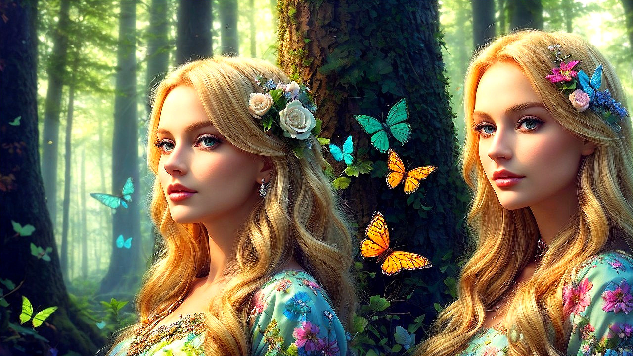 Ethereal Women in Enchanted Forest with Butterflies