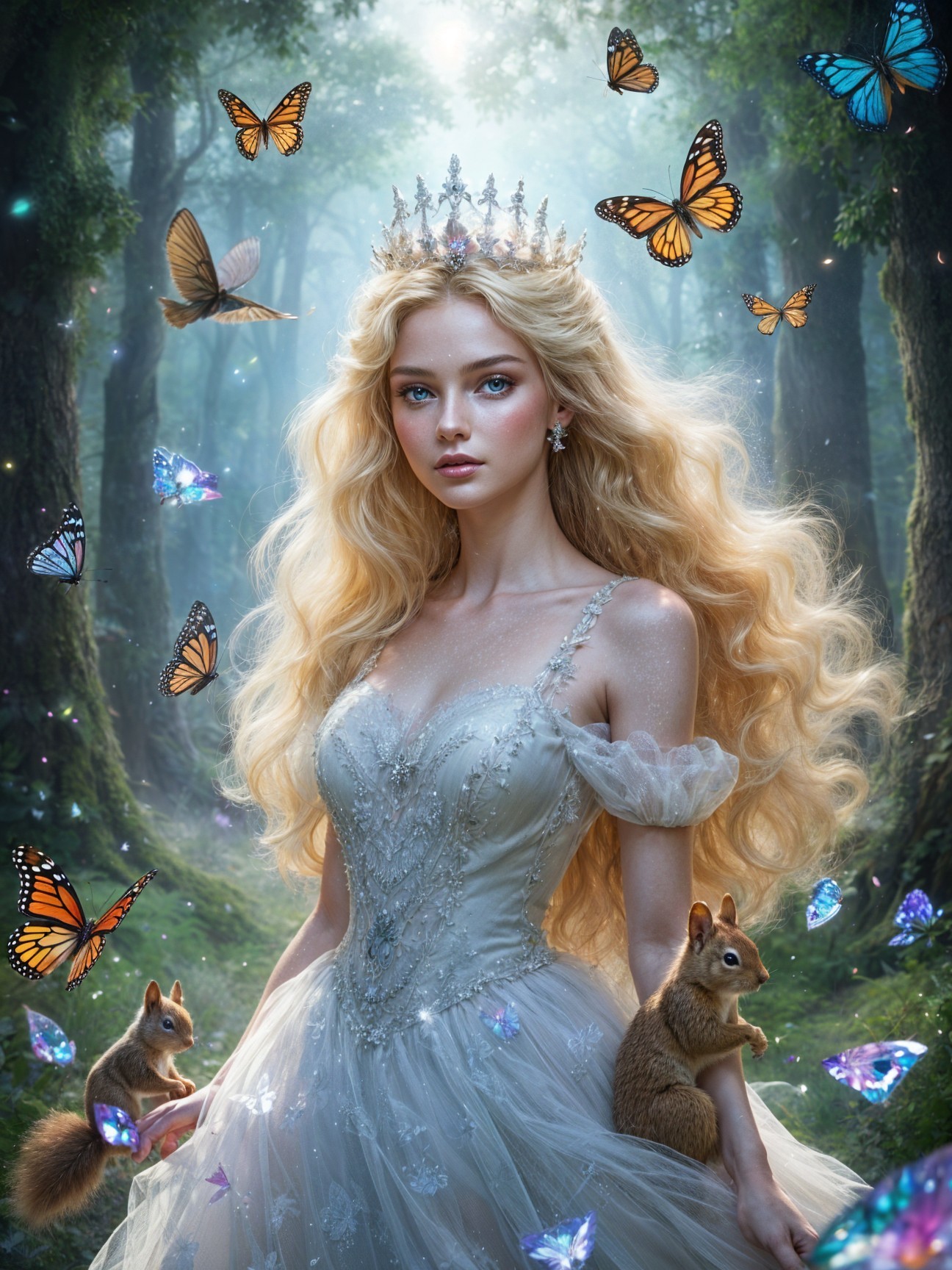 Serene Woman in Enchanted Forest with Butterflies