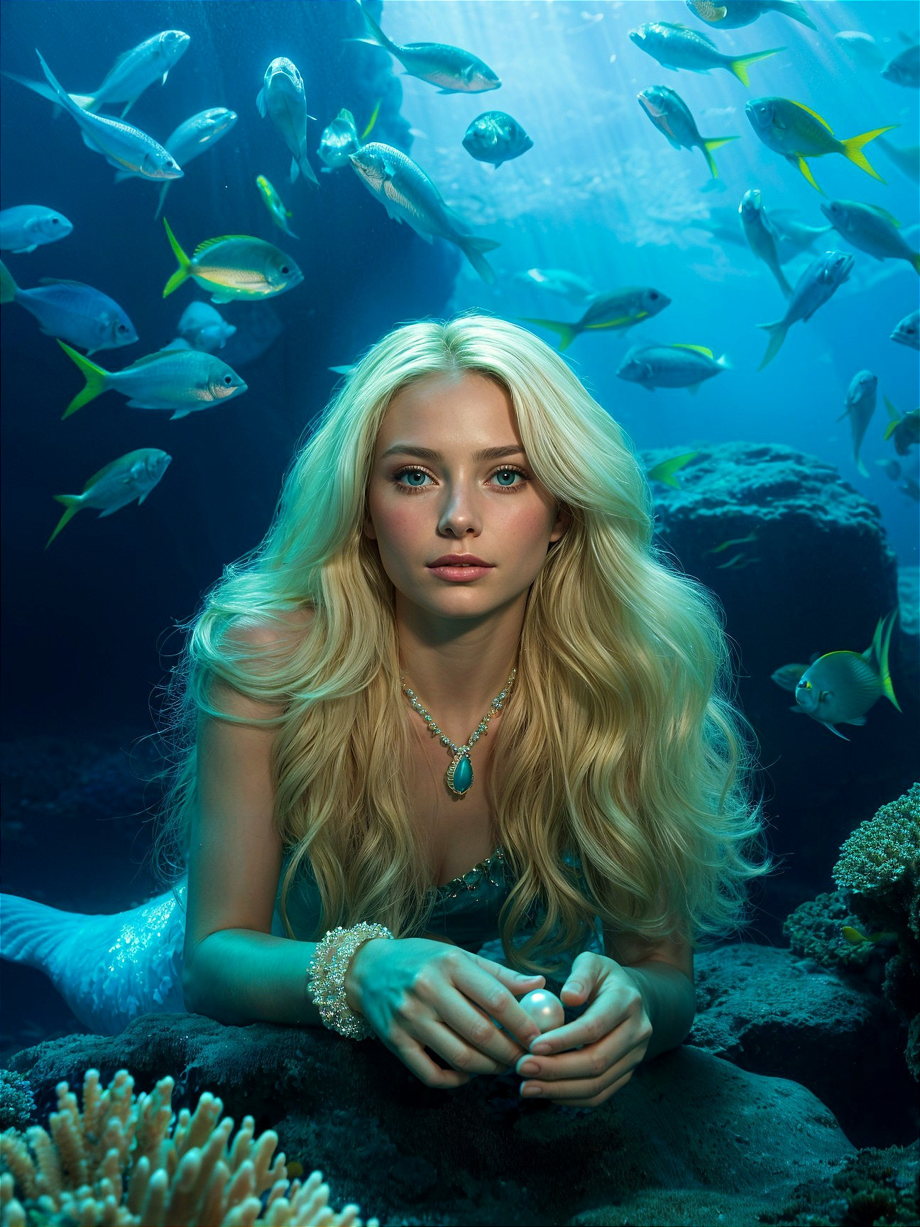 Underwater Scene with Young Woman and Colorful Marine Life