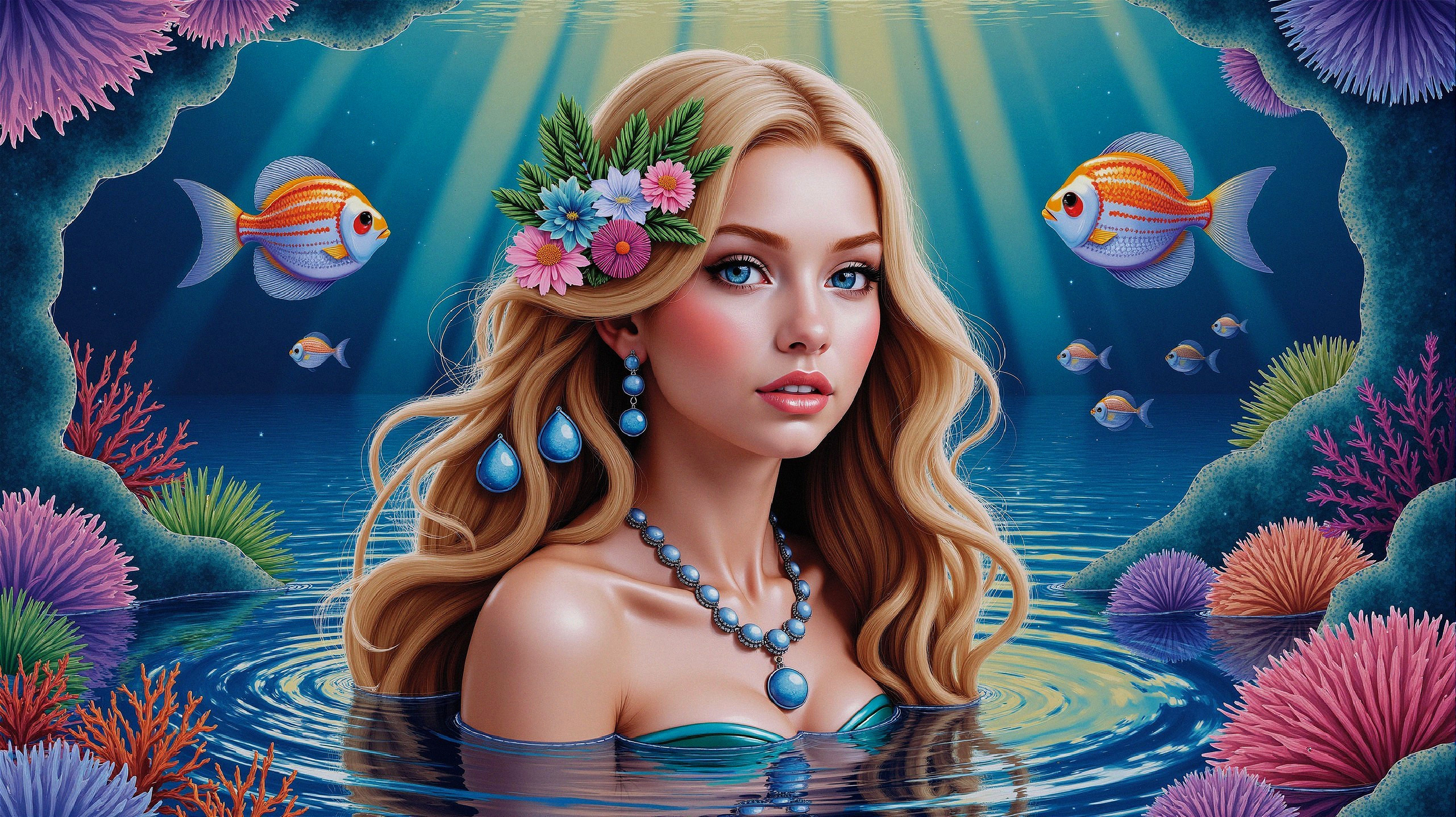 Underwater Scene with Woman and Tropical Marine Life