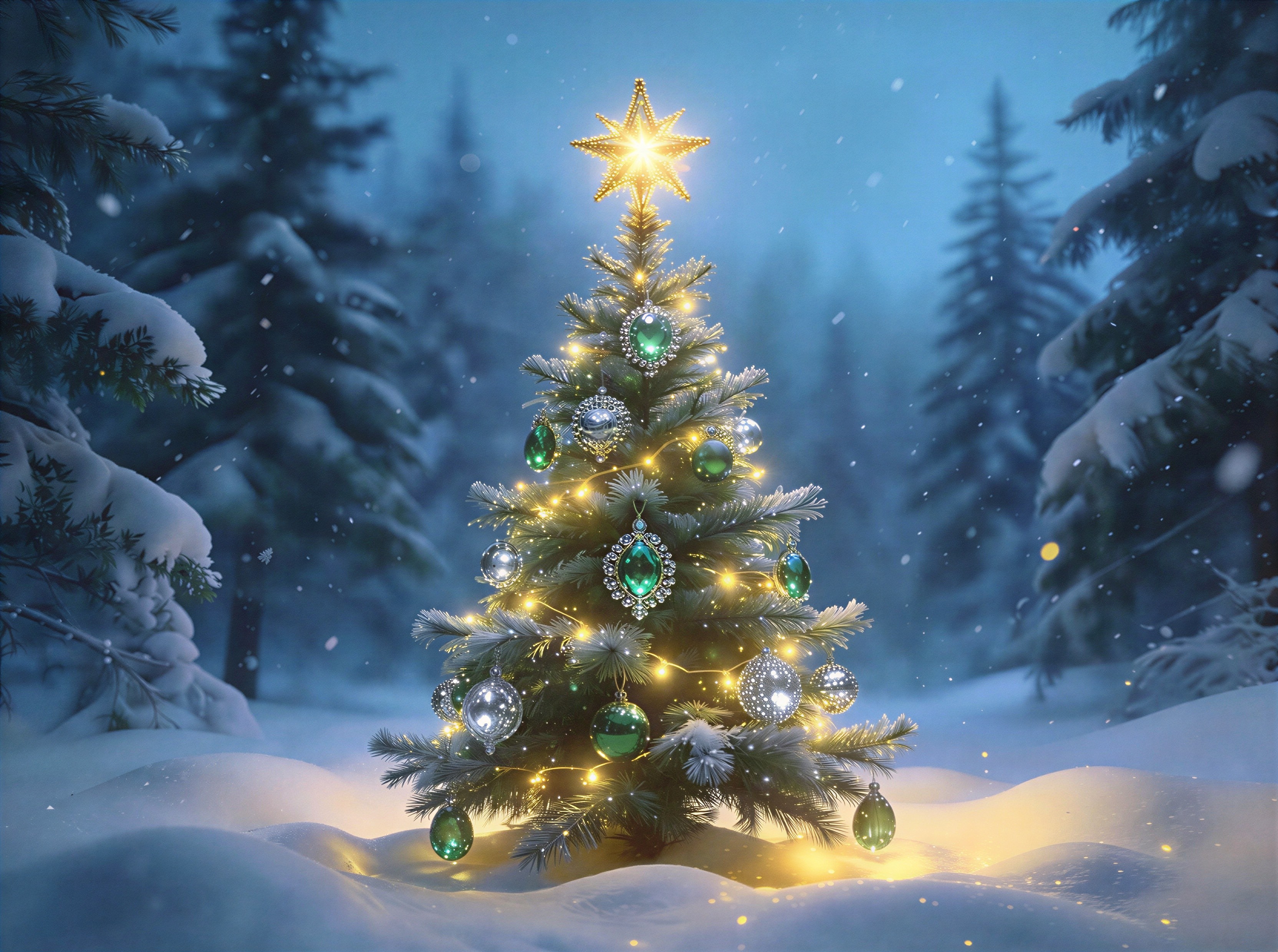 Magical Christmas Tree in Snowy Twilight Forest