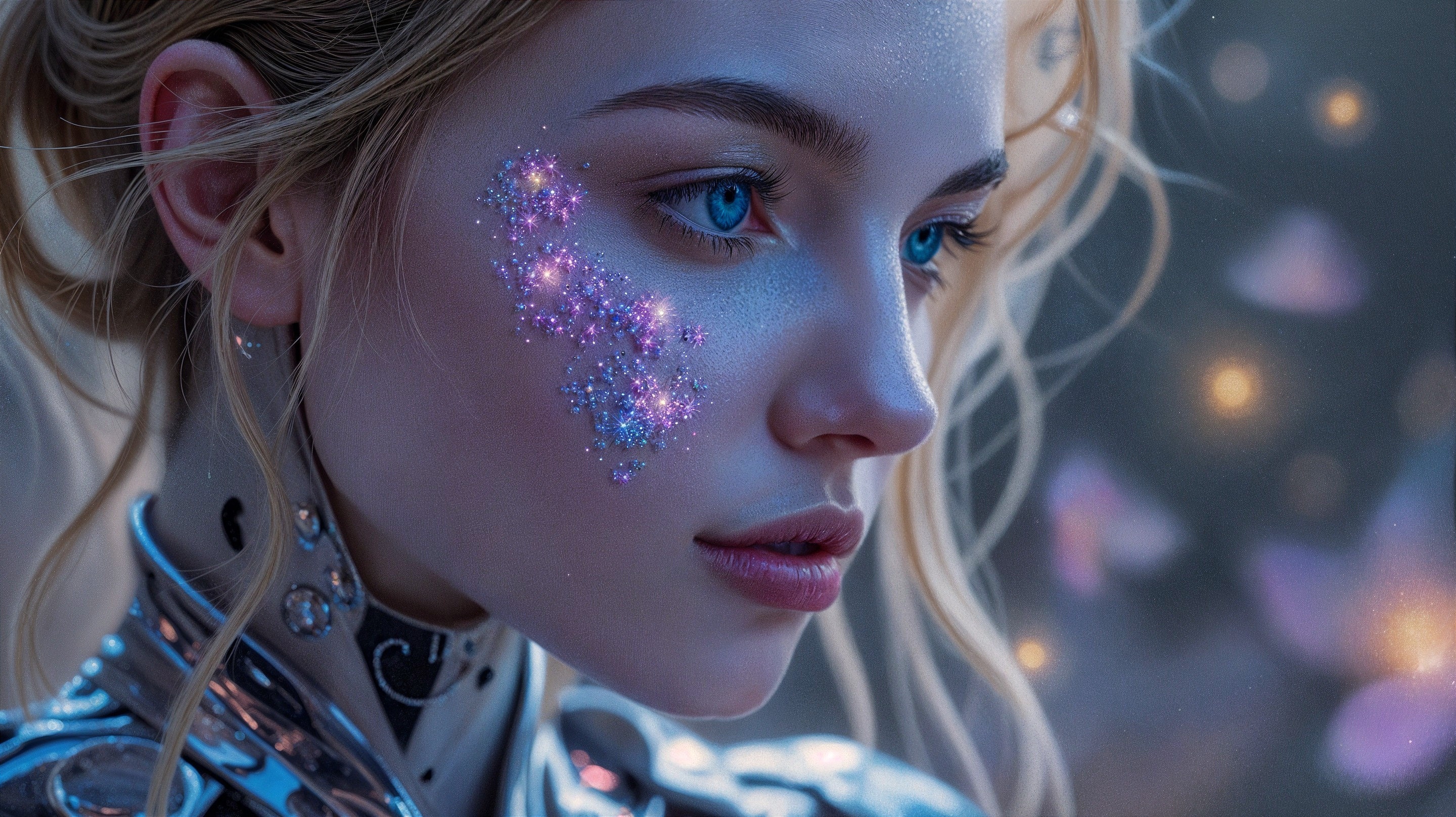 Close-up of a young woman with celestial designs