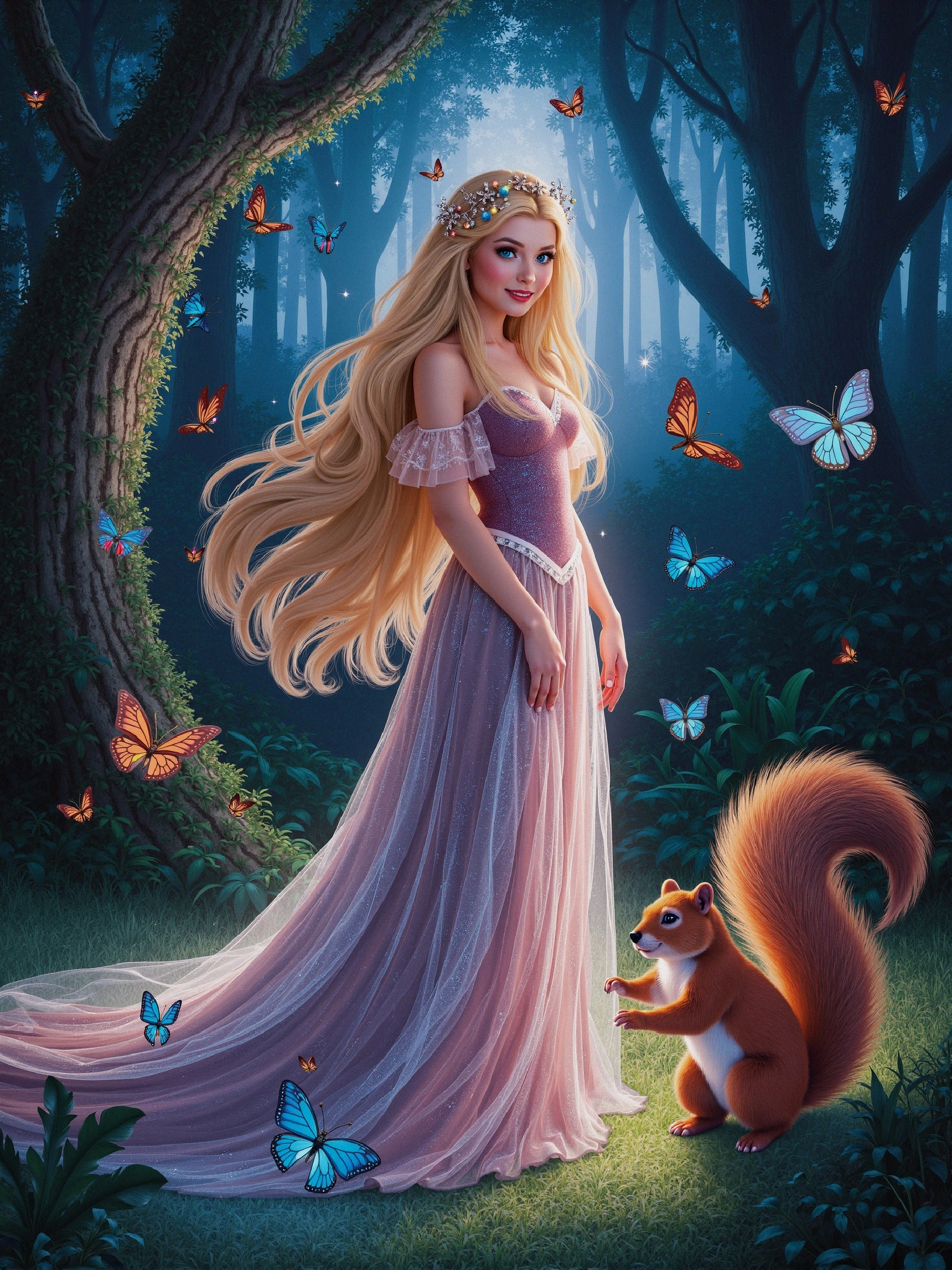 Enchanted Forest Scene with Young Woman and Wildlife