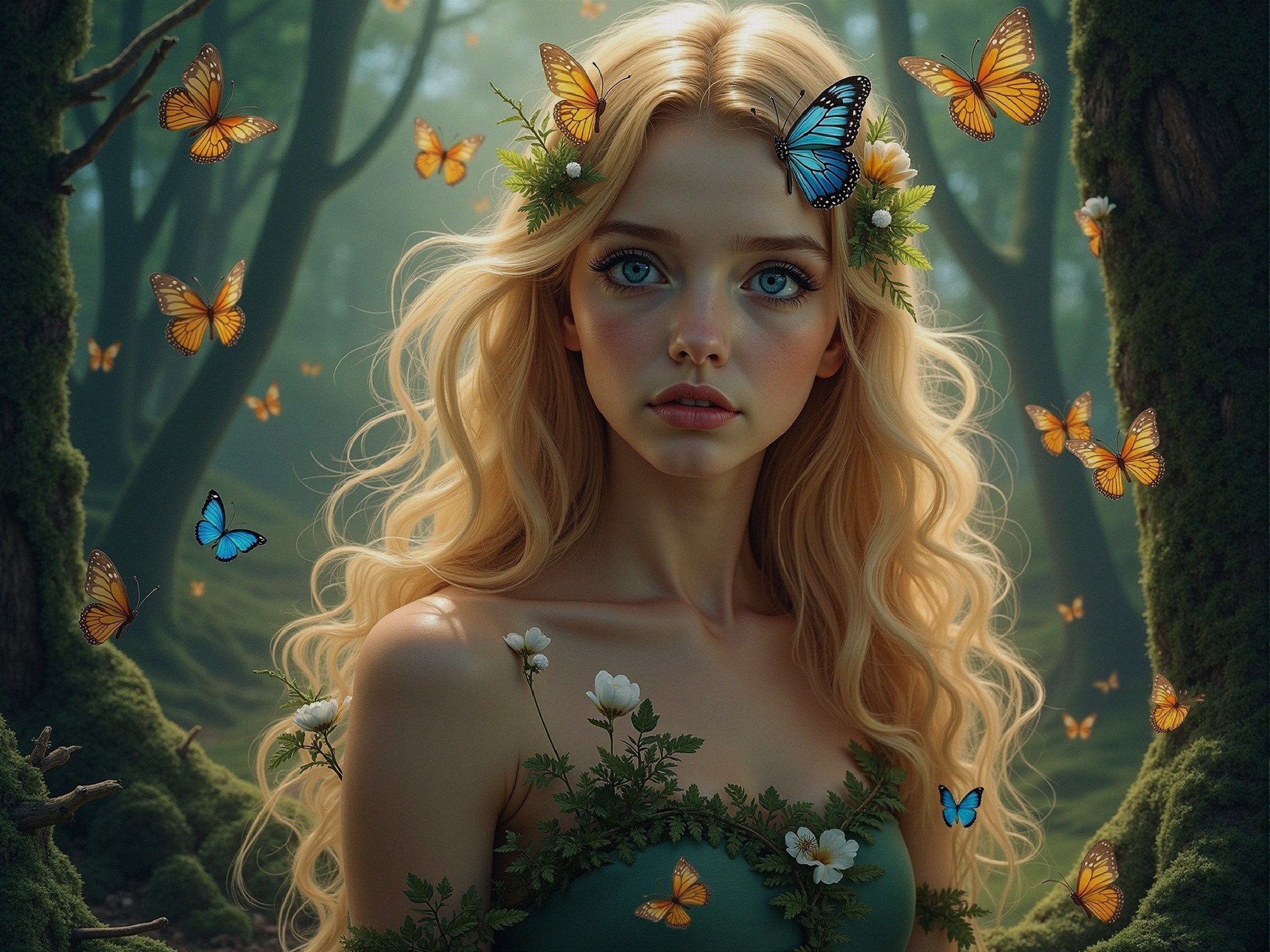Young Woman in Mystical Forest with Butterflies