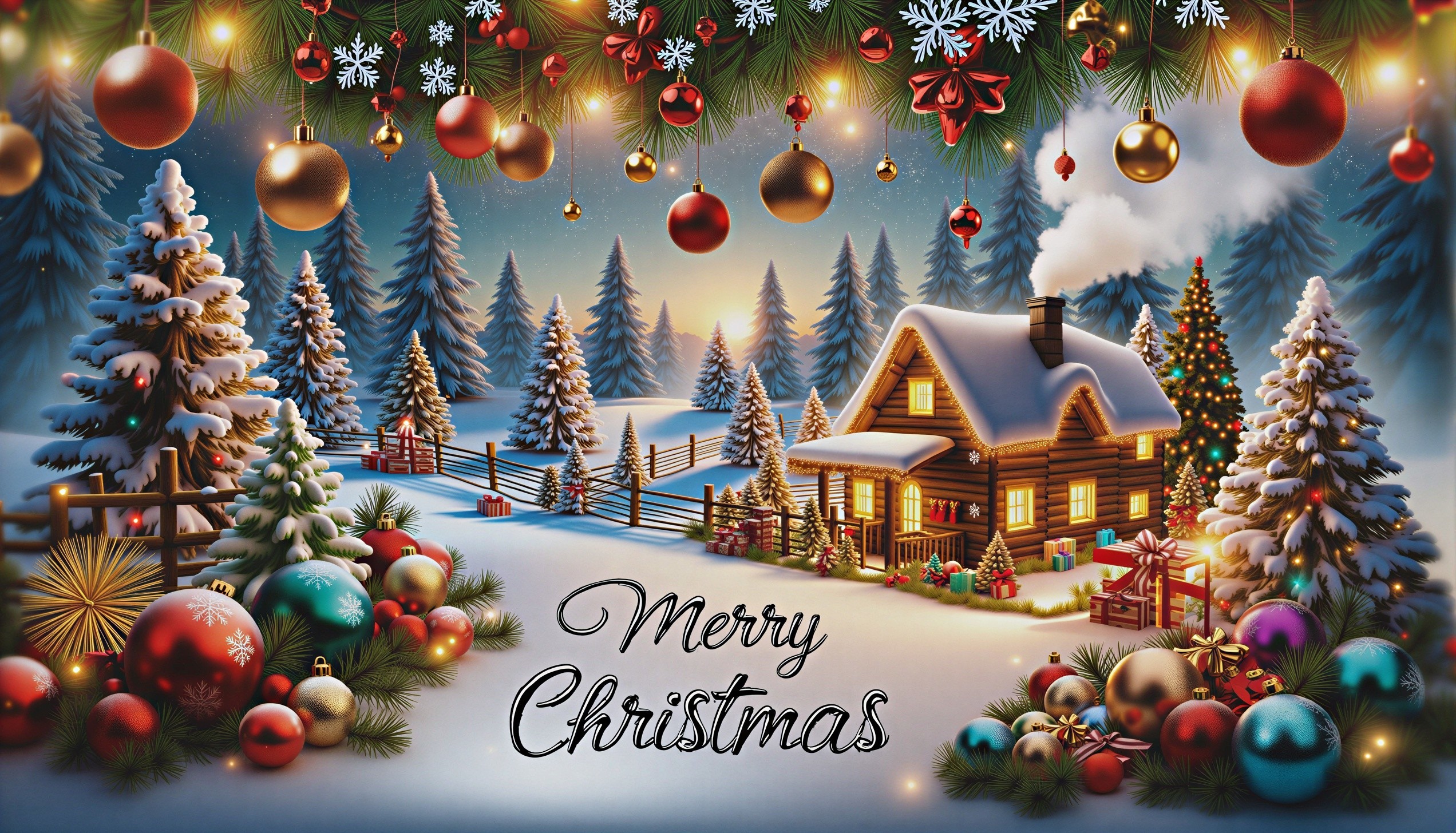 Cozy Log Cabin in Snowy Christmas Setting